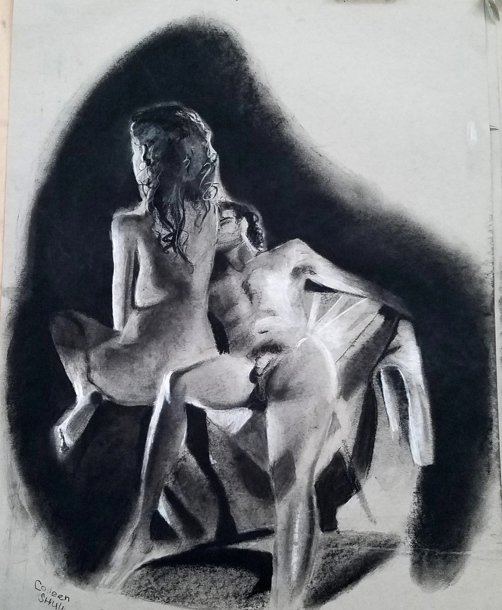 18 x 24 man in chair, woman in abyss, charcoal