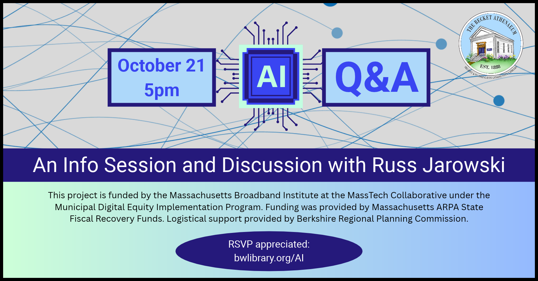 AI Q&A with Russ Jarowski. Wednesday, October 21, 5pm to 6pm. RSVP appreciated: bwlibrary.org/AI