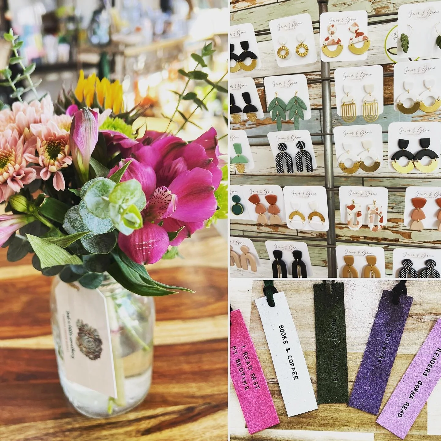 Mason jar flowers; new earrings by @favorandgracehandmade ; bookmarks by @grace_and_joy_designs and more @justalittlelittlesomething. We open at 8:30 AM and can&rsquo;t wait to see you! ☮️ ❤️ 🪴 #peaceloveplants #earrings #freshflowers #teachergifts?