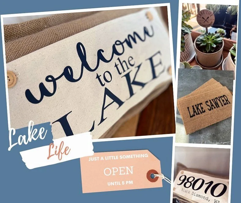 Lake Sawyer doormats hot of the local press today @justalittlelittlesomething  By @countrymountainchic Lake Life merchandise and more for you to get a shopping fix.  Open until 5 PM today, Friday, September 2.  Saturday 11-3 pm. #shoptillyoudrop #lak