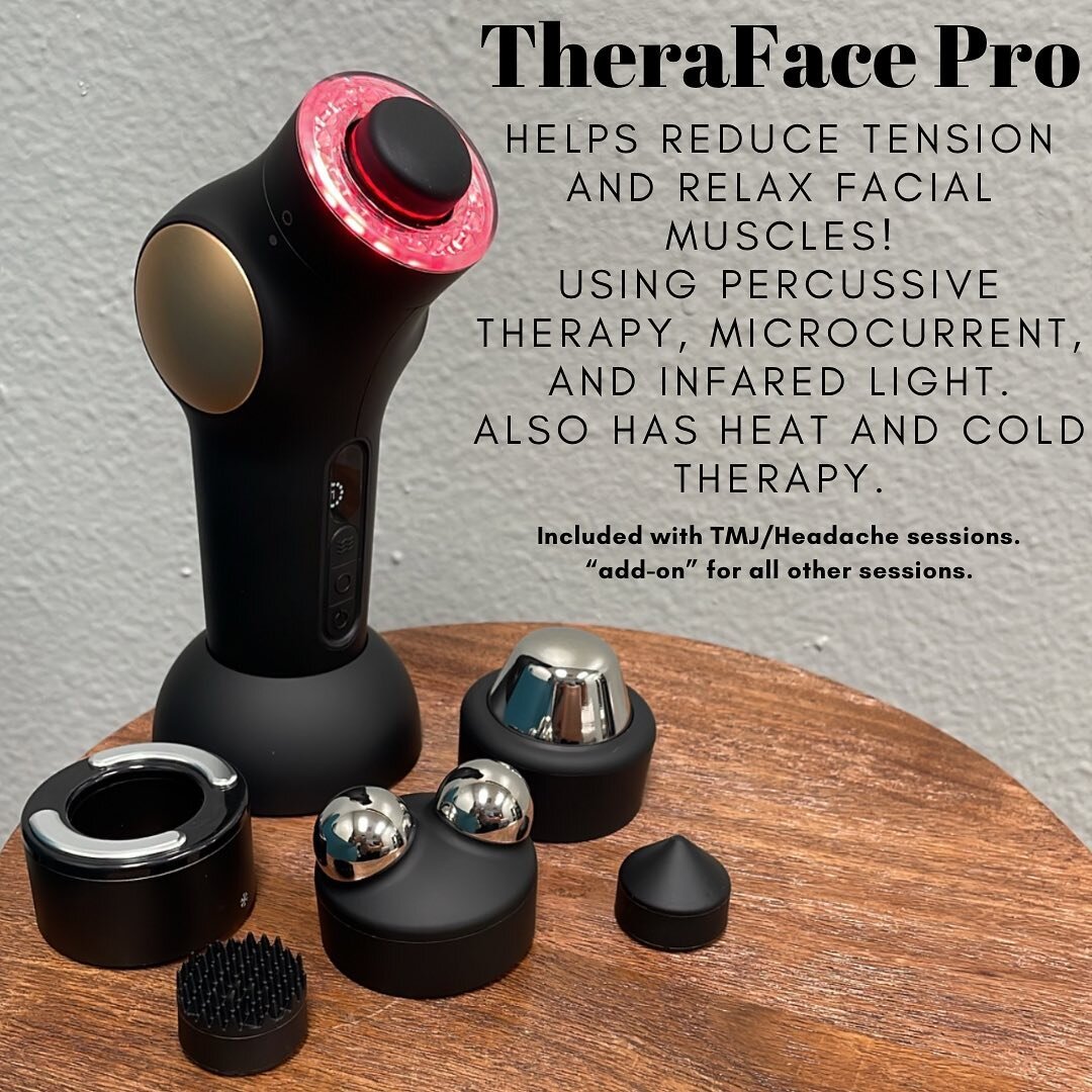 Got a new add-on service! The TheraFace Pro is a great tool to help relieve facial muscle tension. It will already be included in TMJ/Headache Sessions. And have an add-on price for all other sessions.
But for this month of December, try it free with