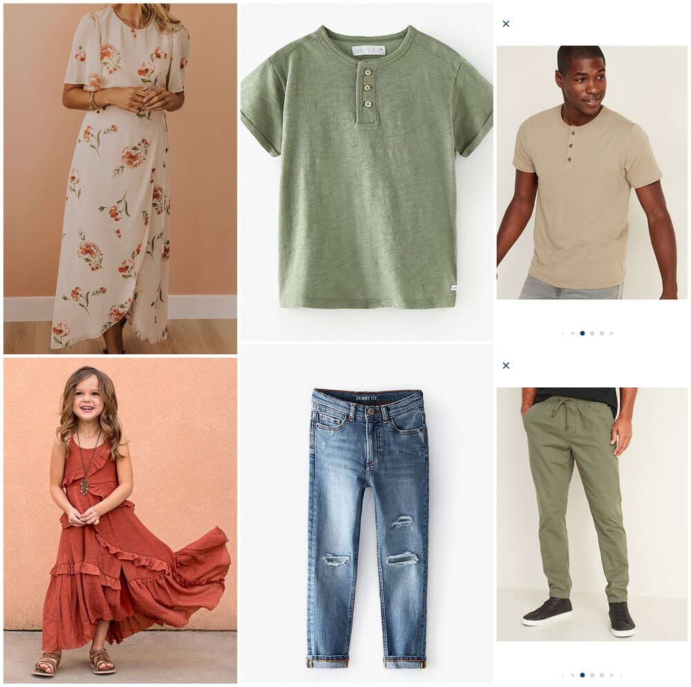  Dress:  Roolee  Girl’s Dress:  Joyfolie  Green Shirt:  Zara  Jeans:  Zara  Men’s Shirt:  Old Navy  Men’s Pants:  Old Navy  