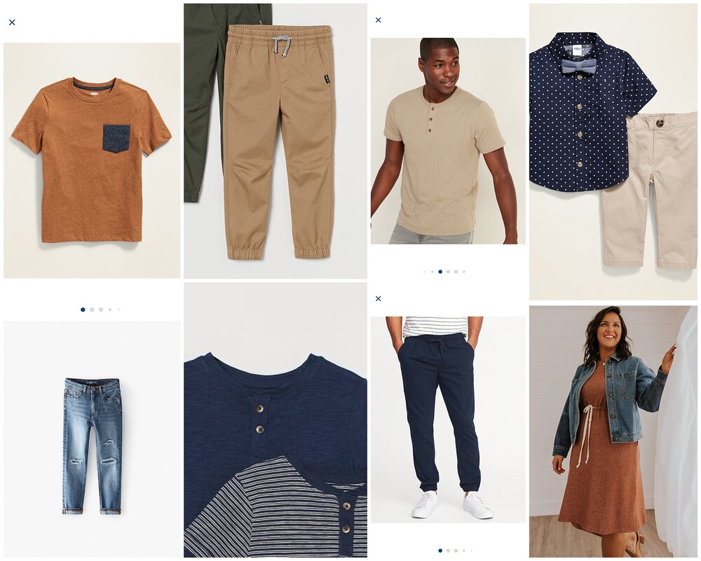  Boy Shirt:  Old Navy  Jeans:  Zara  Khakis:  H&amp;M  Blue Shirt:  H&amp;M  Mens Shirt:  Old Navy  Mens Pants:  Old Navy  Baby Boy Set:  Old Navy  Dress:  Roolee  