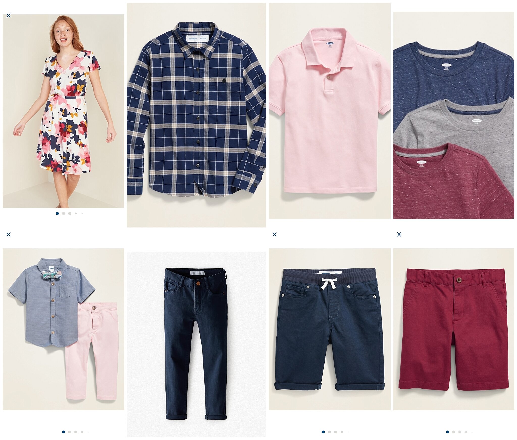  Women’s Dress:  Old Navy  2 Piece Set(no Bow Tie):  Old Navy  Plaid Shirt: Old Navy  Blue Pants:  Zara  Pink Polo: Old Navy  Navy Short:  Old Navy  Boy 3 Pack (navy):  Old Navy  Shorts:  Old Navy  