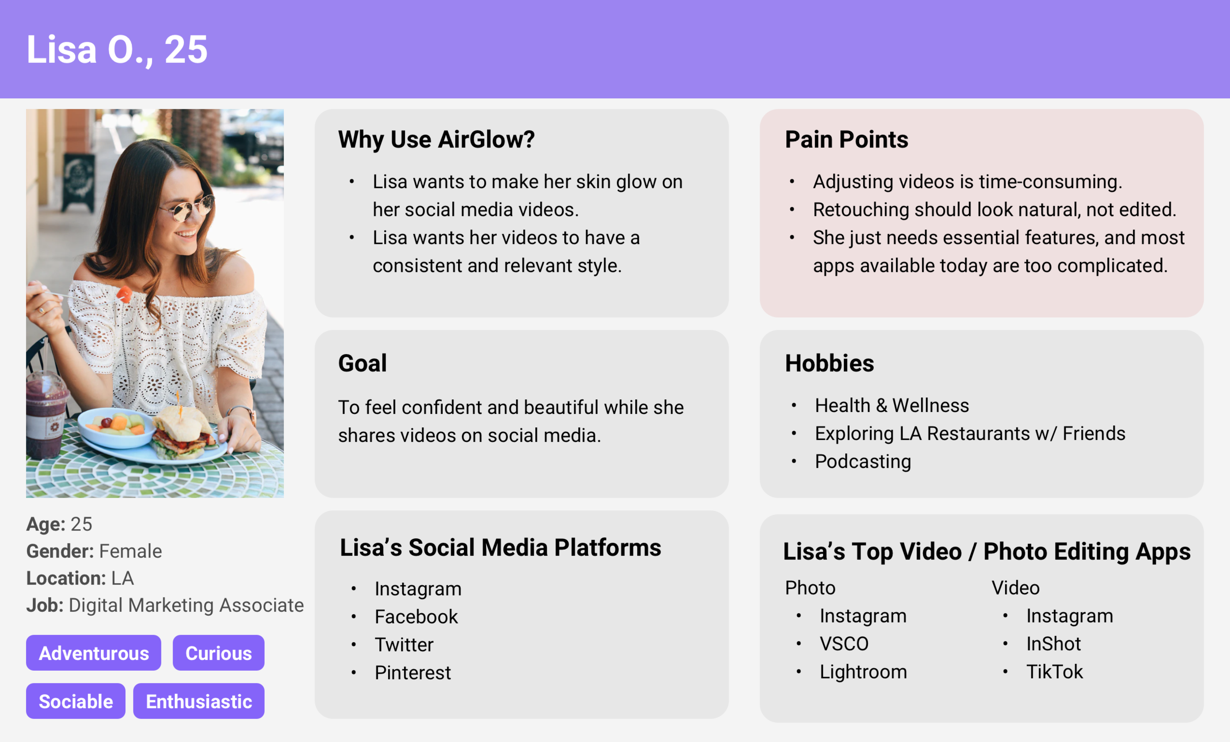 One of the provisional personas I created to identify AirGlow’s users.