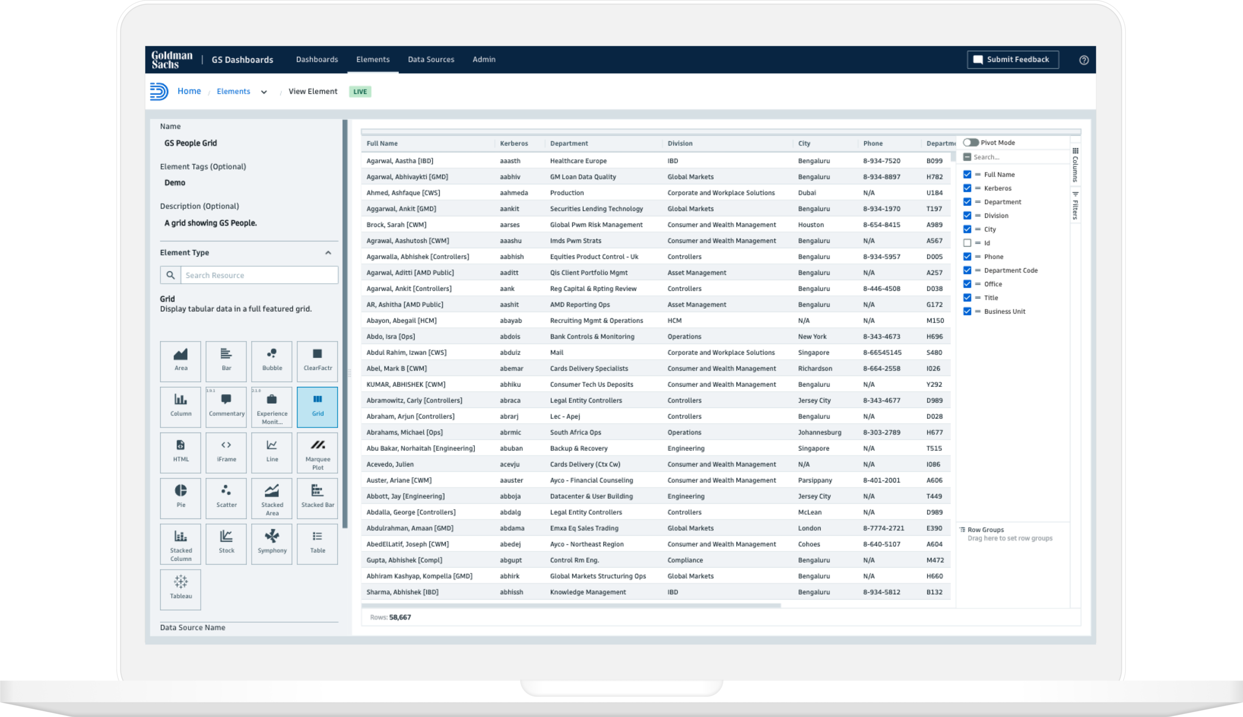 A high-performance, feature-rich data grid enables rapid, server-side slice and dice of massive datasets.
