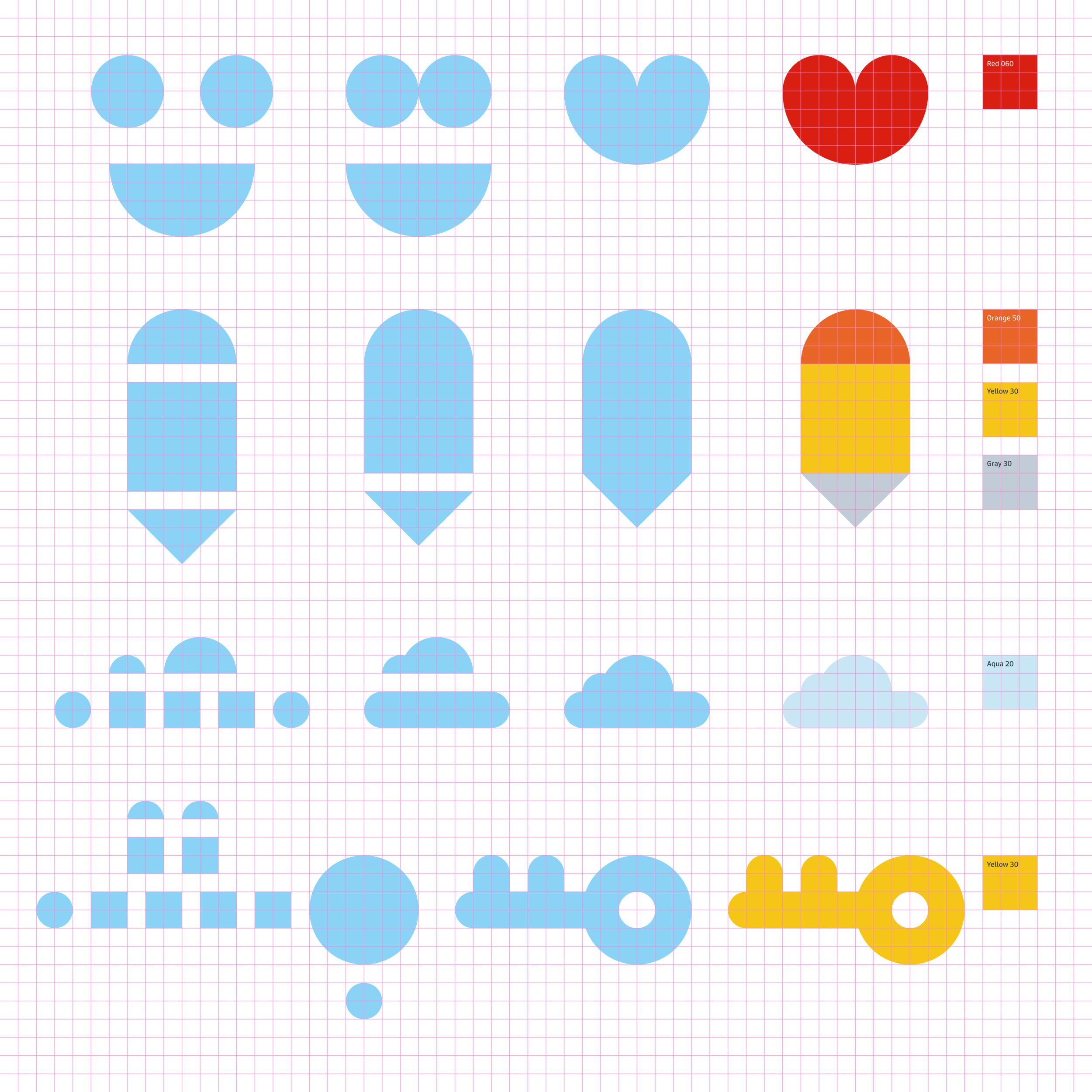 Basic shapes come together to create a pictogram. We use colors from our color system to set the tone, give meaning and reinforce our design system brand.