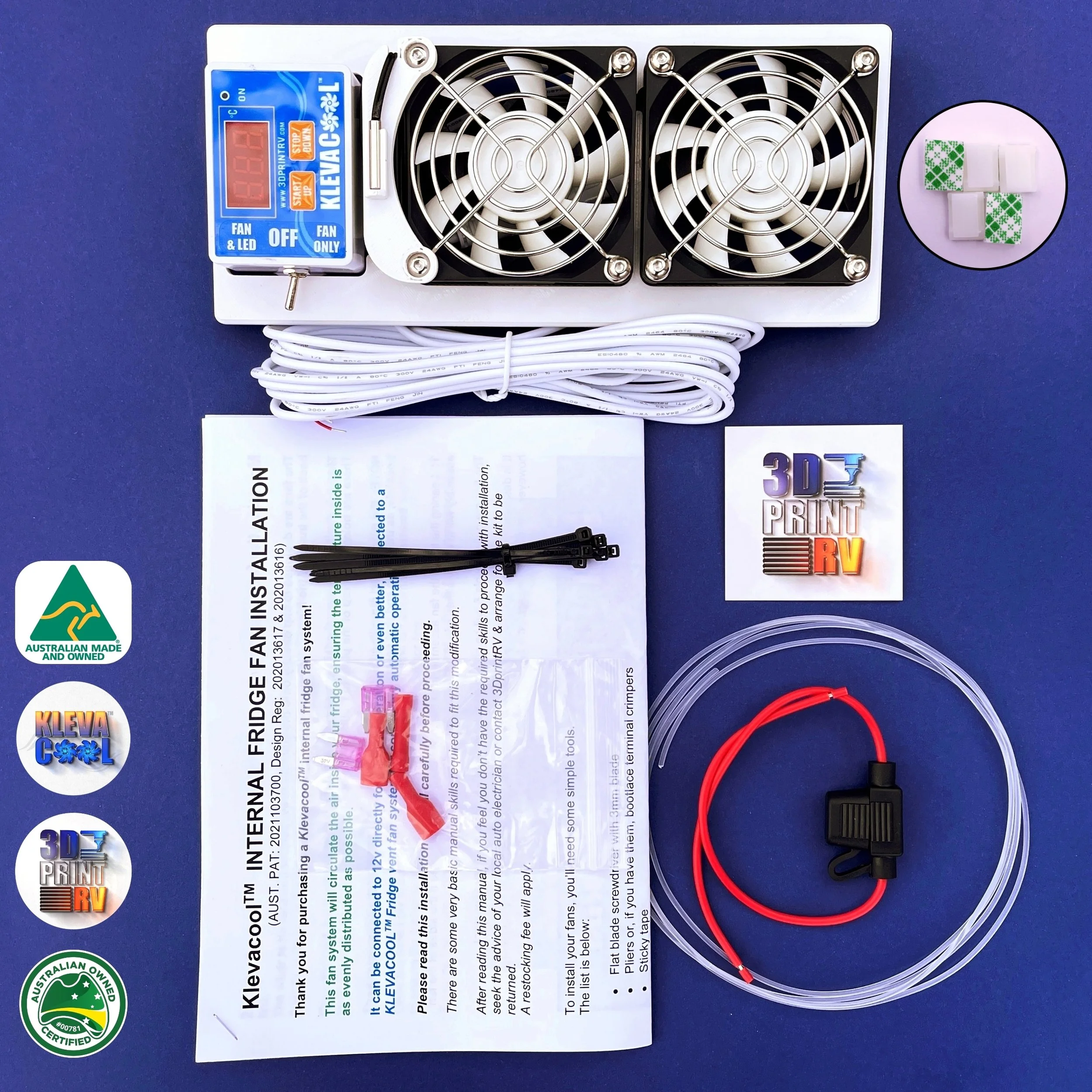 3DprintRV Klevacool Twin Internal Fridge Fan Kit Contents