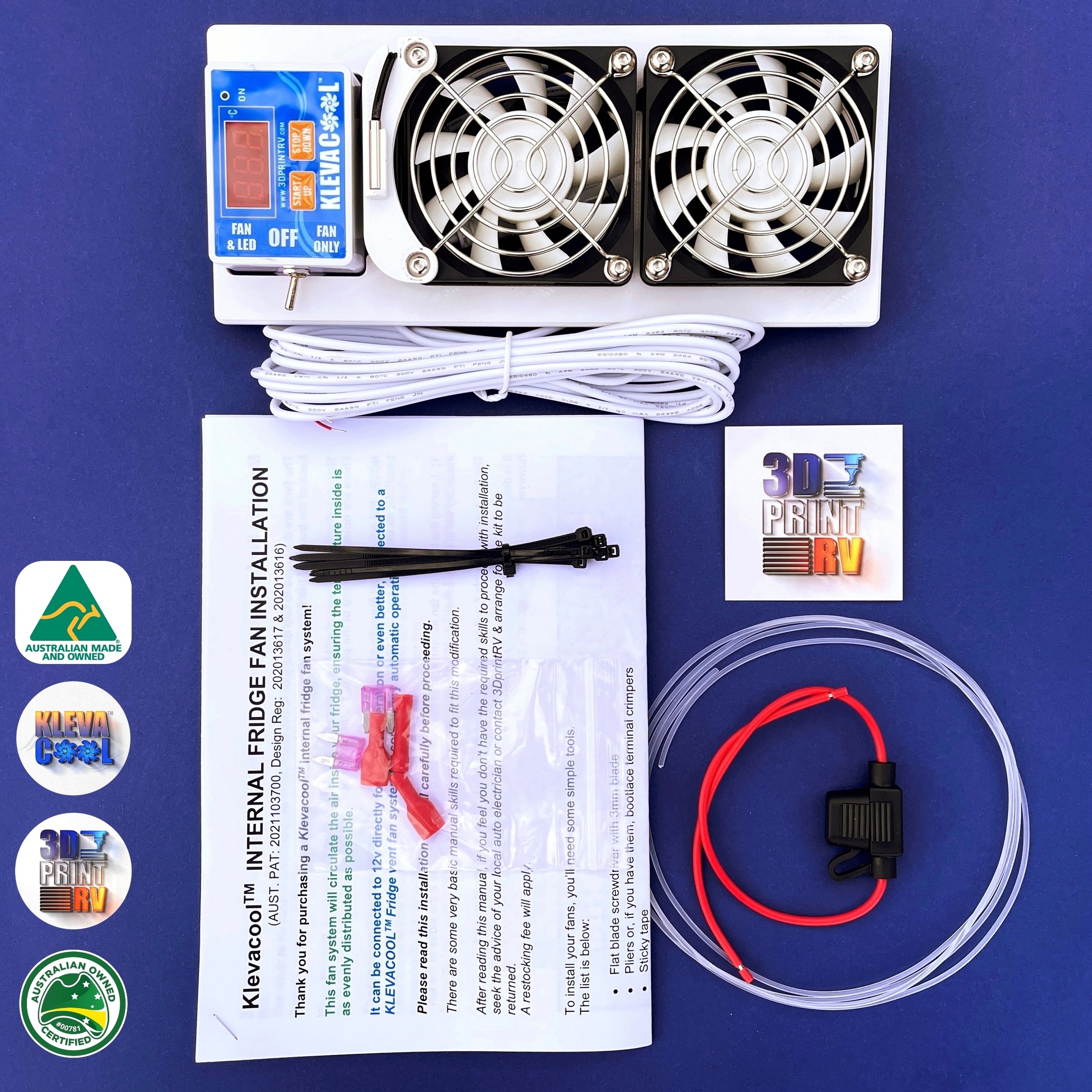 3DprintRV Klevacool Twin Internal Fridge Fan Kit Contents