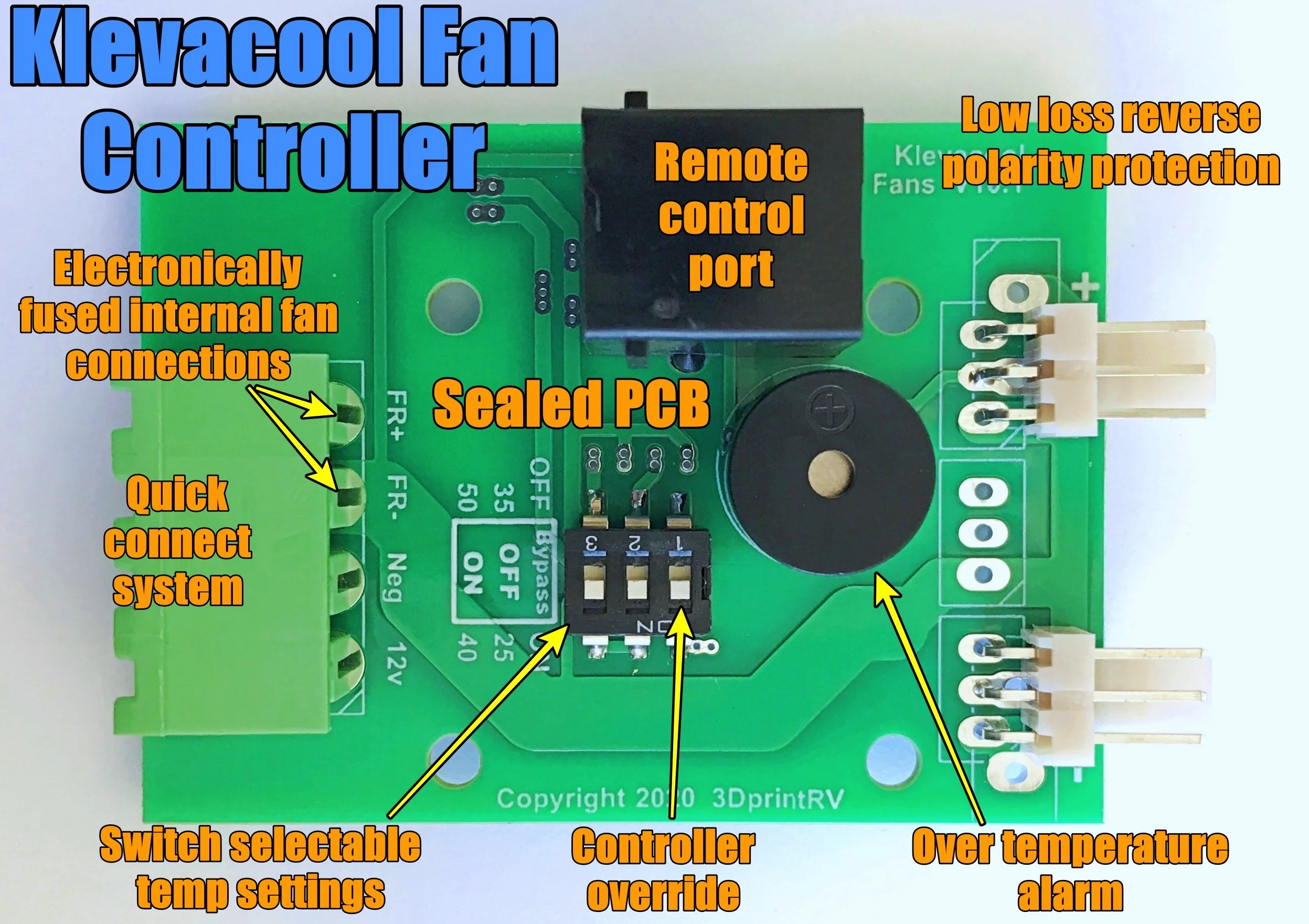 3DprointRV Klevacool Caravan Fridge Fan Controller With Features Labelled