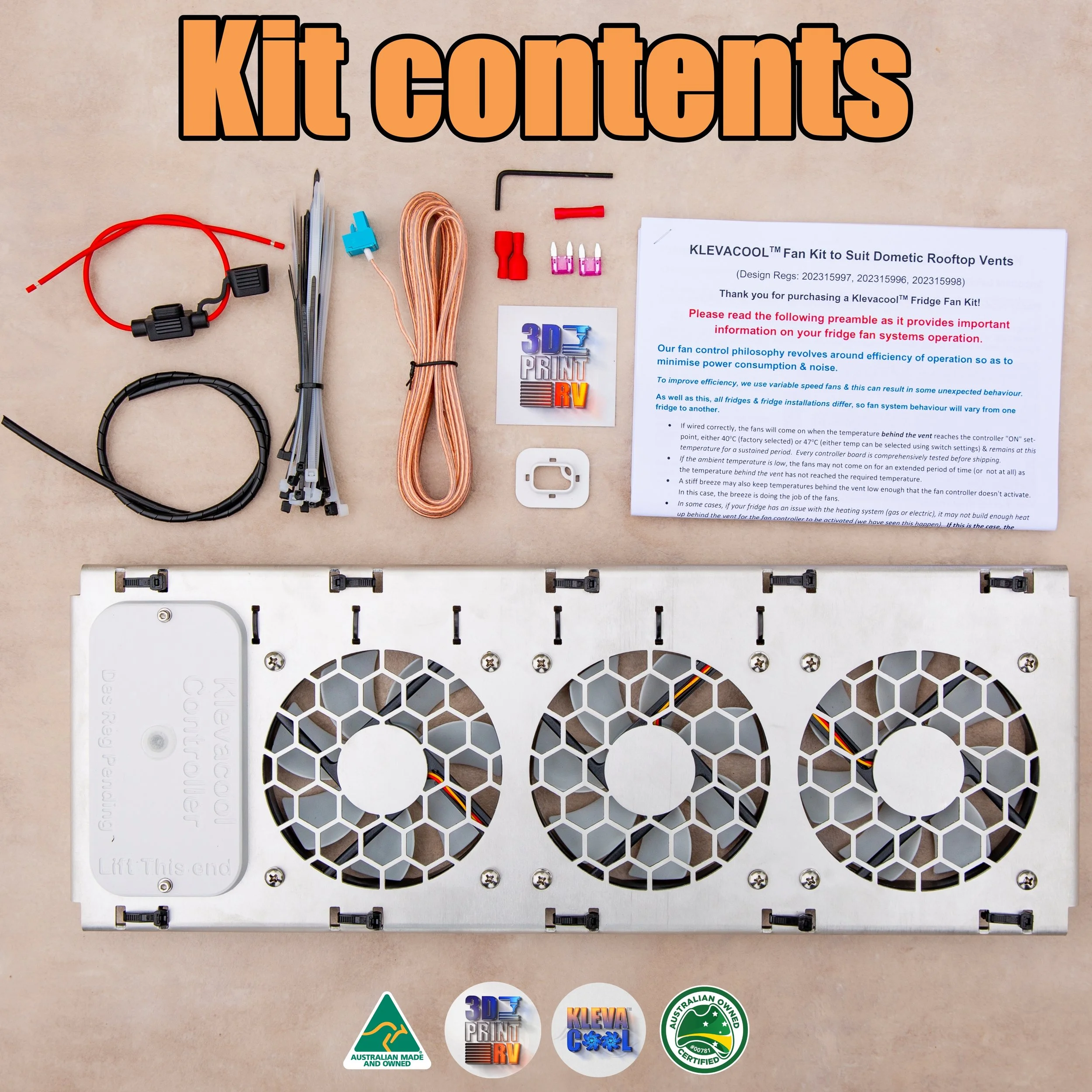 3DprintRV Klevacool Caravan Fridge Fan Mod Kit To Suit DOMETIC Rooftop Vents Contents