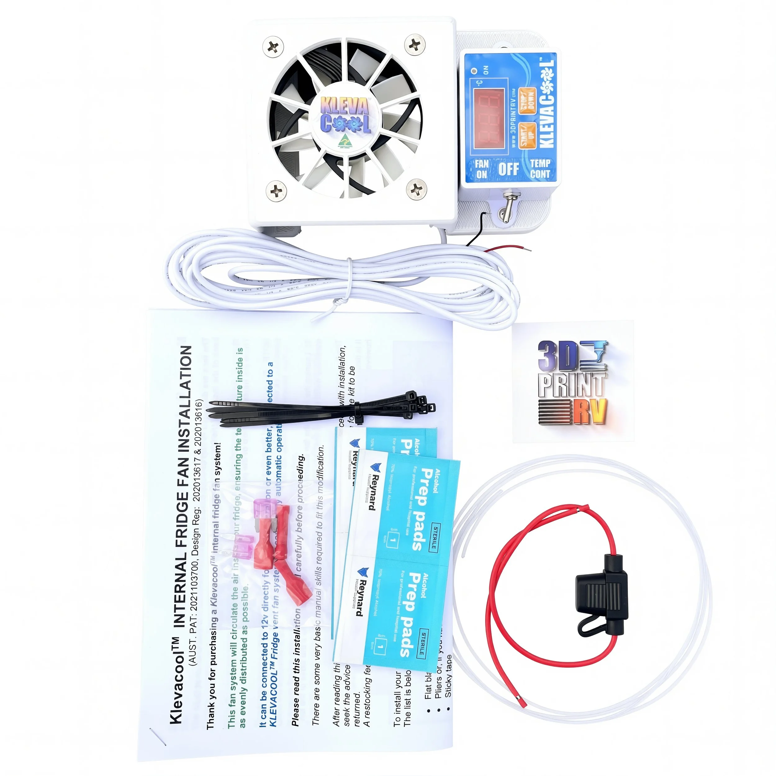 Klevacool Single Internal Fridge Fan Kit Contents