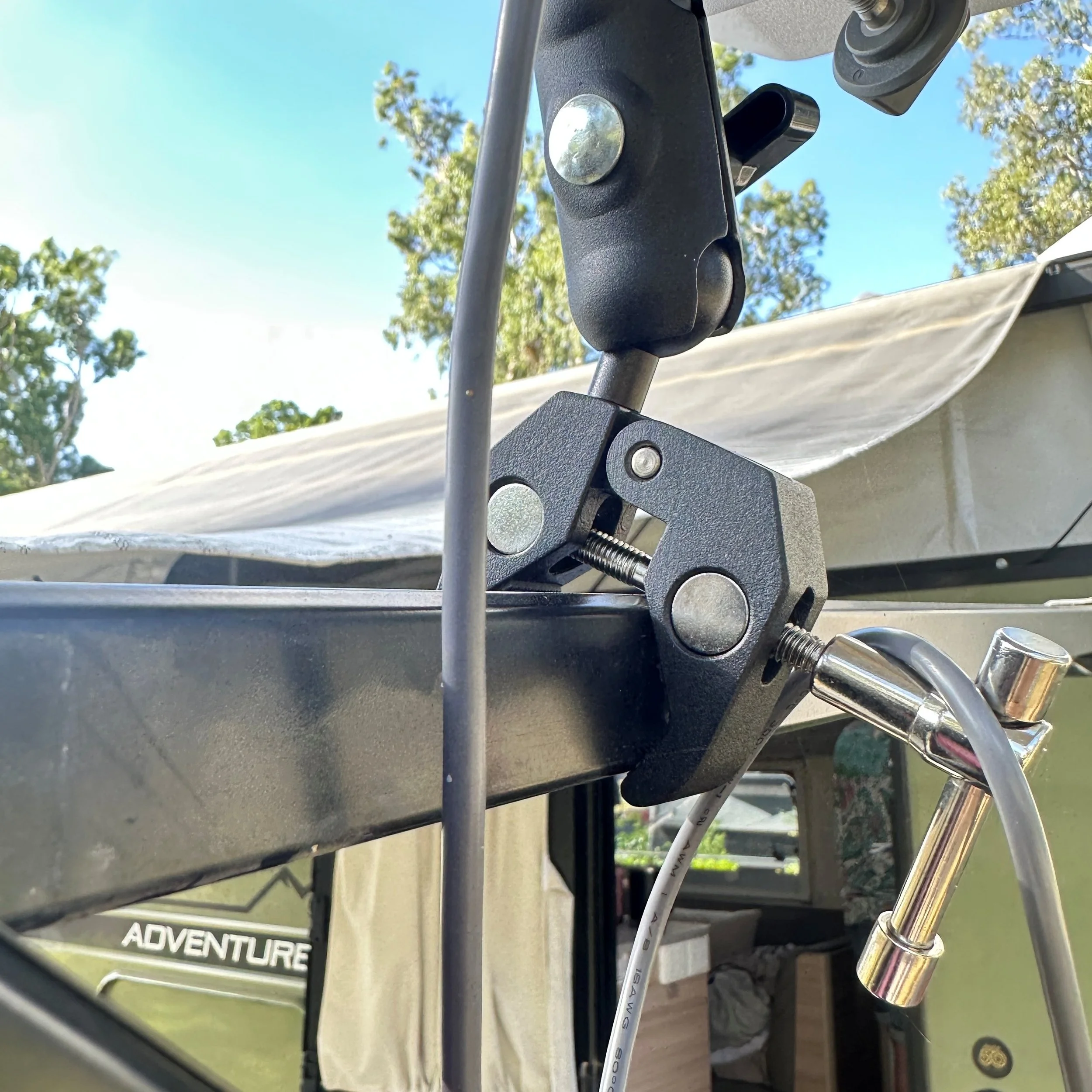 Close up of Starlink Mini Awning Mount Fitted To Awning