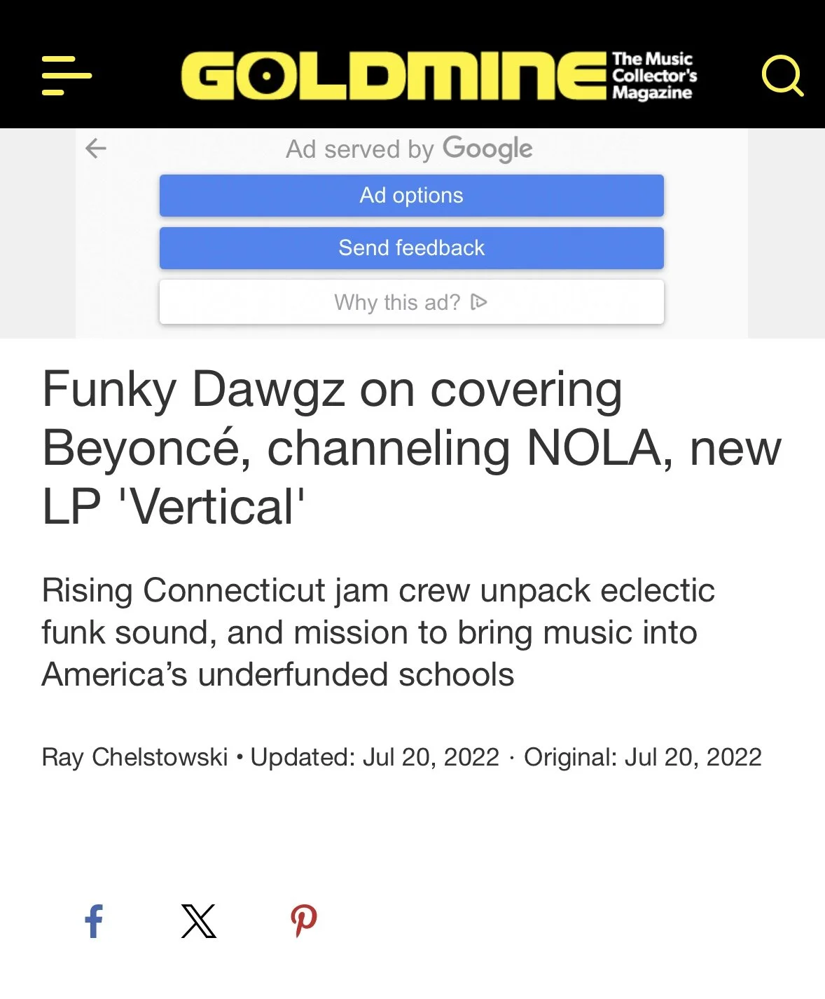 Screenshot of a webpage from Goldmine magazine titled "Funky Dawgz on covering Beyoncé, channeling NOLA, new LP 'Vertical'" with social media icons for Facebook, X, and Pinterest at the bottom.