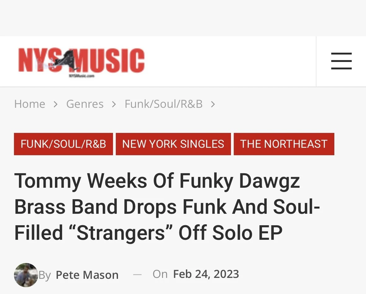 Screenshot of a music website with headlines about a new EP by Tommy Weeks of Funky Dawgz, featuring funk and soul genres.