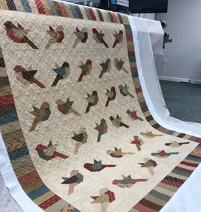 This quilt pattern is called &ldquo;Feathers&rsquo; and it was expertly put together by @grammybetsy53 What I love about this quilt is the colors and fabric choices and the birds with their teeny tiny beaks. So many precise points in this quilt!!😍😍