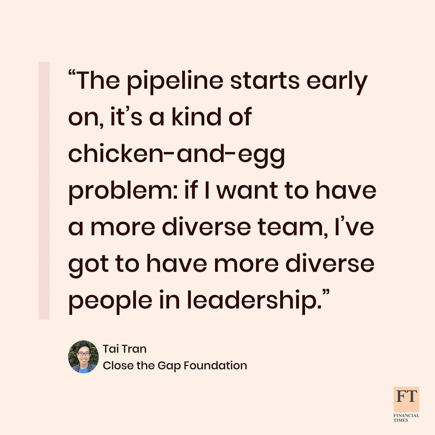 Mentorship and executive sponsorship is key to fixing the talent pipeline among the c-suite. Our cofounder and president recently shared with @financialtimes how we’re bridging the potential gap for youths from underrepresented and low-income b