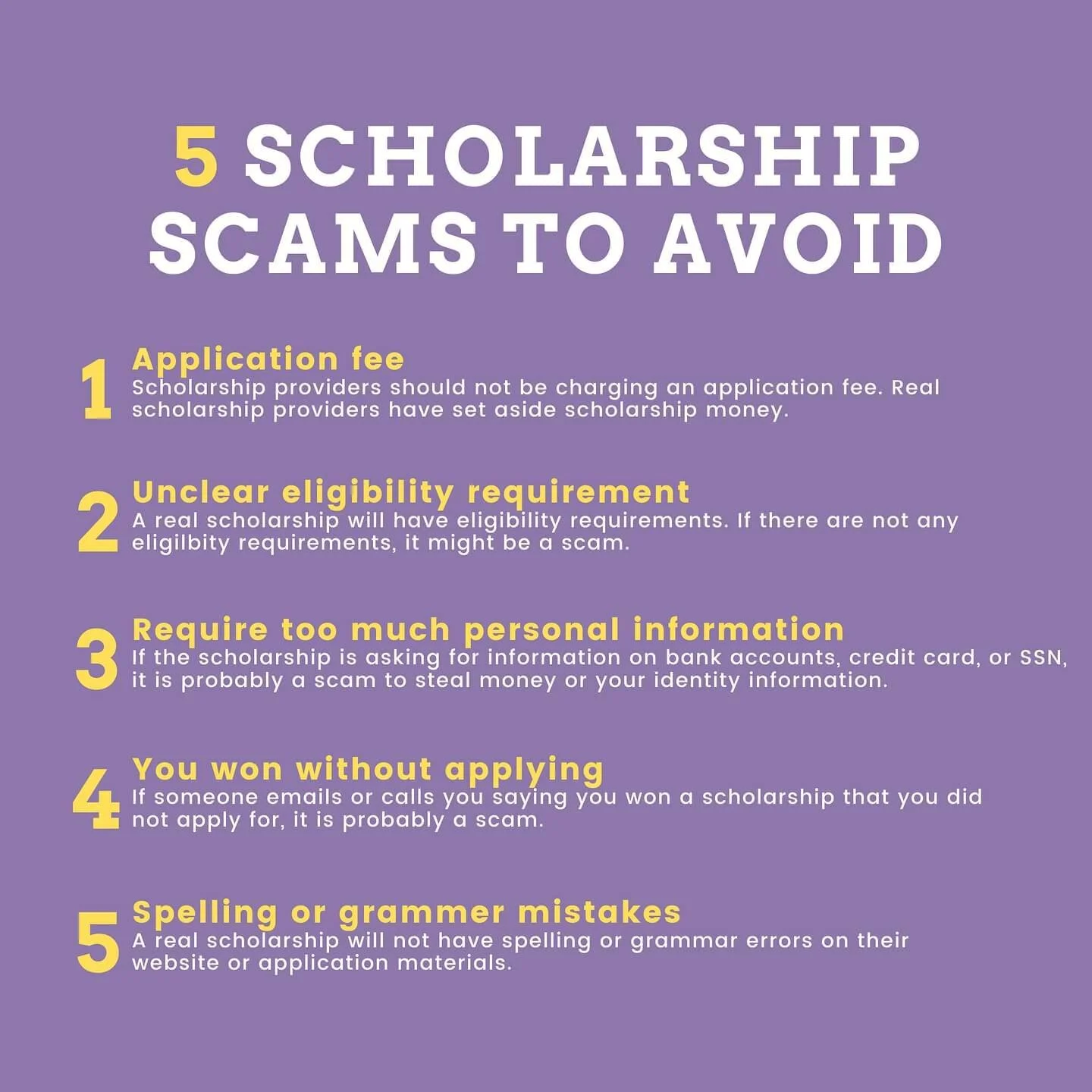 ❗️Avoid these mistakes when applying to scholarships❗️
What tip is the most helpful? Let us know in the comments! 
#scholarshipsearch #scholarship #scholarshipopportunities #avoid #scams #fafsa #highschool #college #applyingtocollege #applying #202