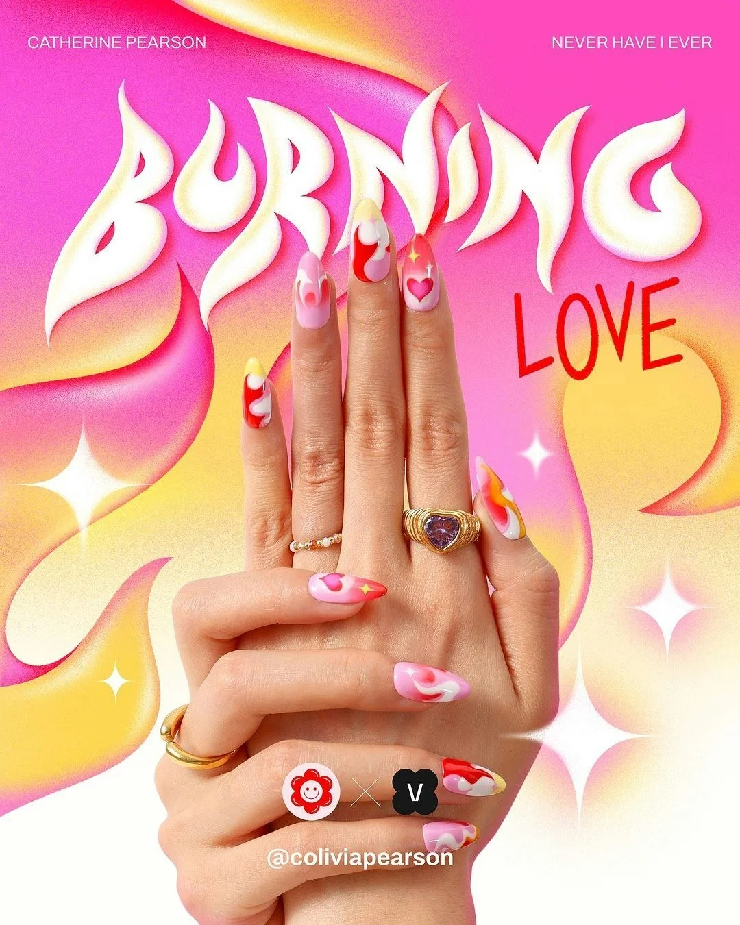 Caroline Pearson x Never Have I Ever!
The illustrator brought to life her art for this collaboration with the nail press-on brand to produce 3 sets: Psychedelic Corals, Burning Love, and Groovy Earth. 
"Burning Love" features hand-drawn fl
