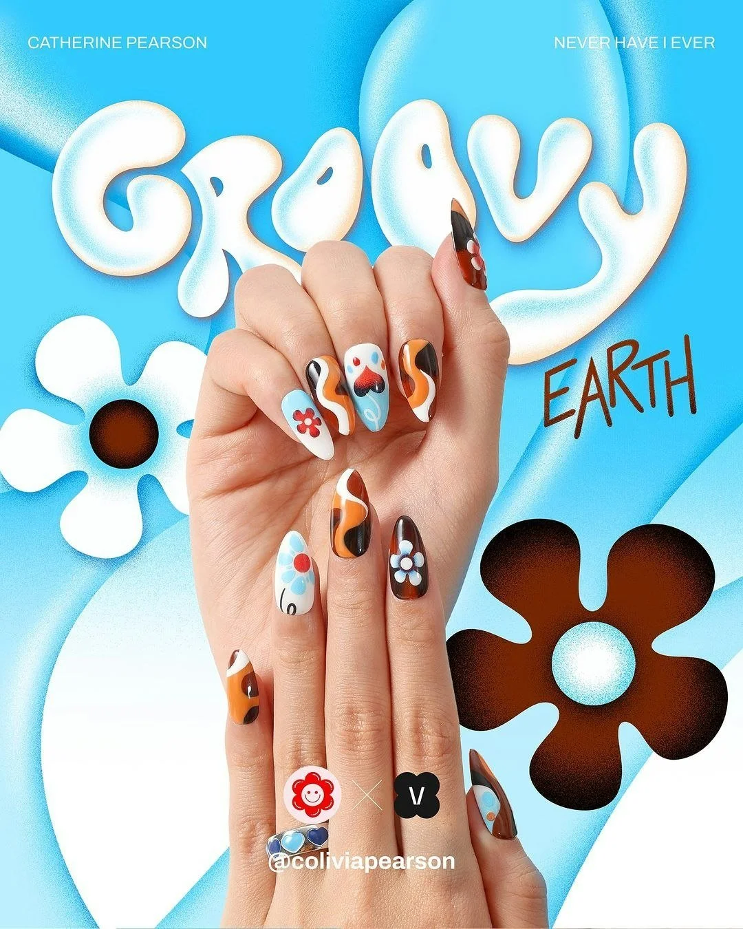 Caroline Pearson x Never Have I Ever!
The illustrator brought to life her art for this collaboration with the nail press-on brand to produce 3 sets: Psychedelic Corals, Burning Love, and Groovy Earth. 
"Grooving Earth" is inspired by our d