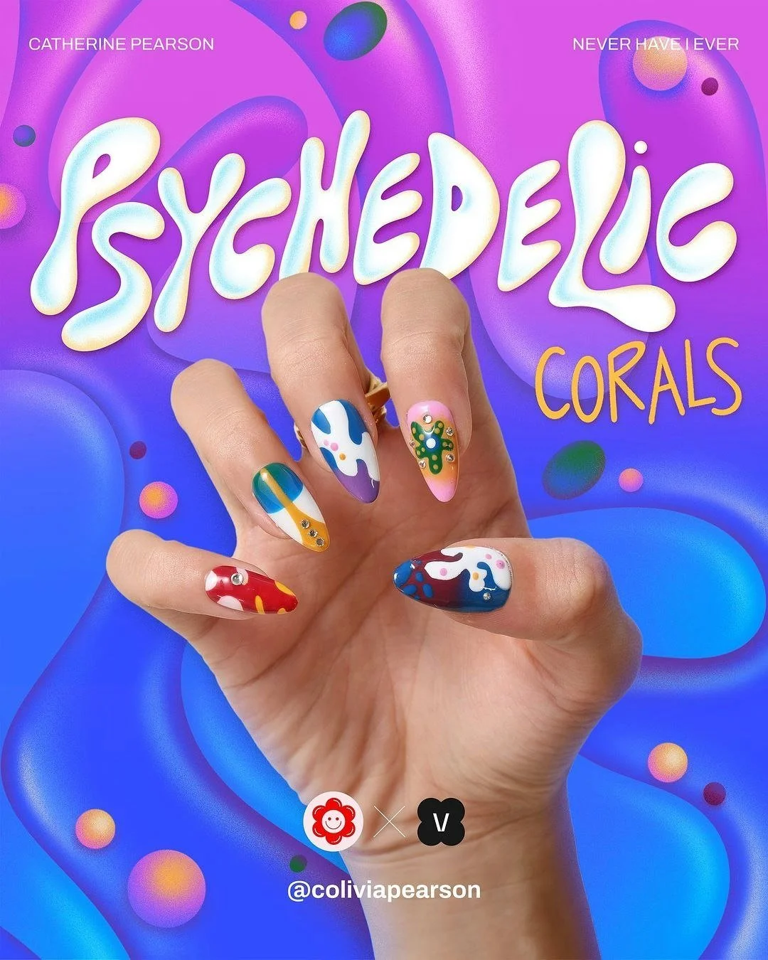 Caroline Pearson x Never Have I Ever!
The illustrator brought to life her art for this collaboration with the nail press-on brand to produce 3 sets: Psychedelic Corals, Burning Love, and Groovy Earth. 
"Psychedelic Corals" explores the viv