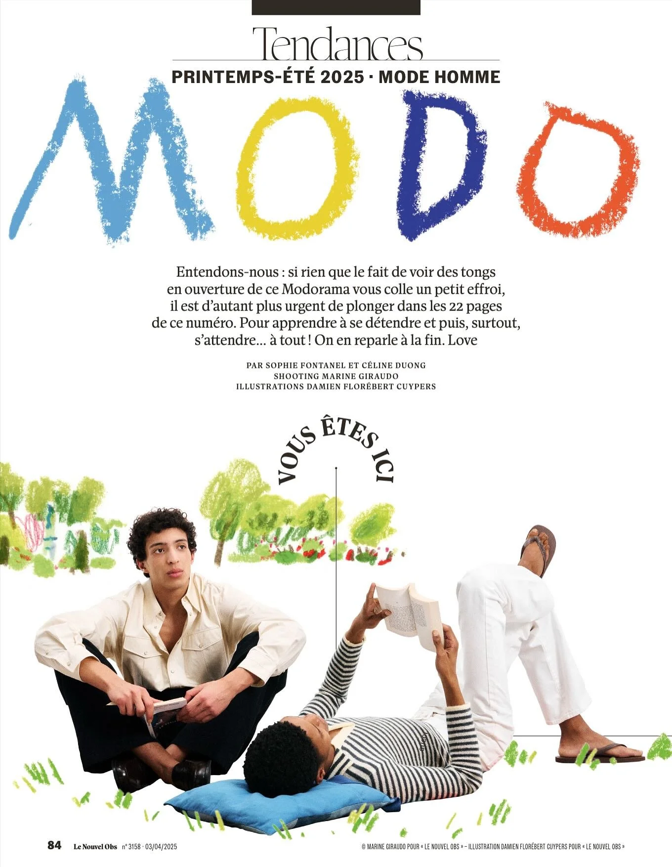 Quand l’illustration et la mode deviennent un binôme, cela donne Modorama Homme pour @nouvelobs , signé par @sophiefontanel et @duongceline , photographié par @marinegiraudo et illustré par @damienfcuypers . C’e