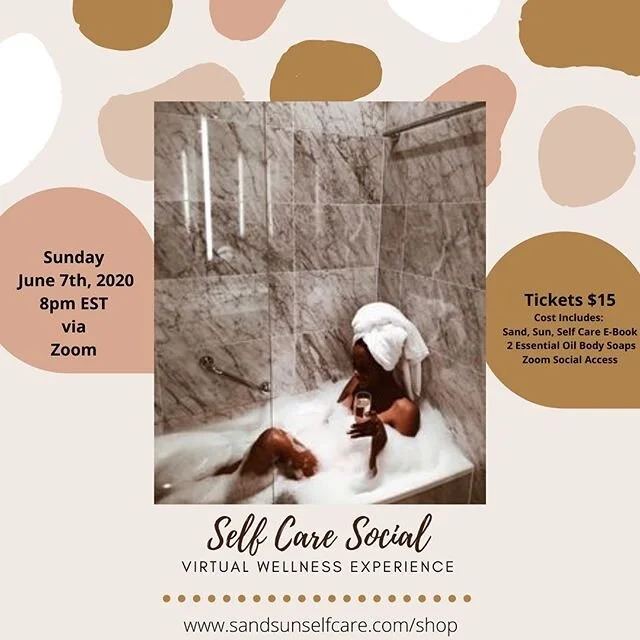 Self Care Sundayyyyyyy! Join us tonight at 8 for our very first virtual wellness experience! Tickets available at www.sandsunselfcare.com/shop and includes two essential oil infused handmade body soaps from @scentualaromabathandbody 🧖🏾&zwj;♀️ Come 