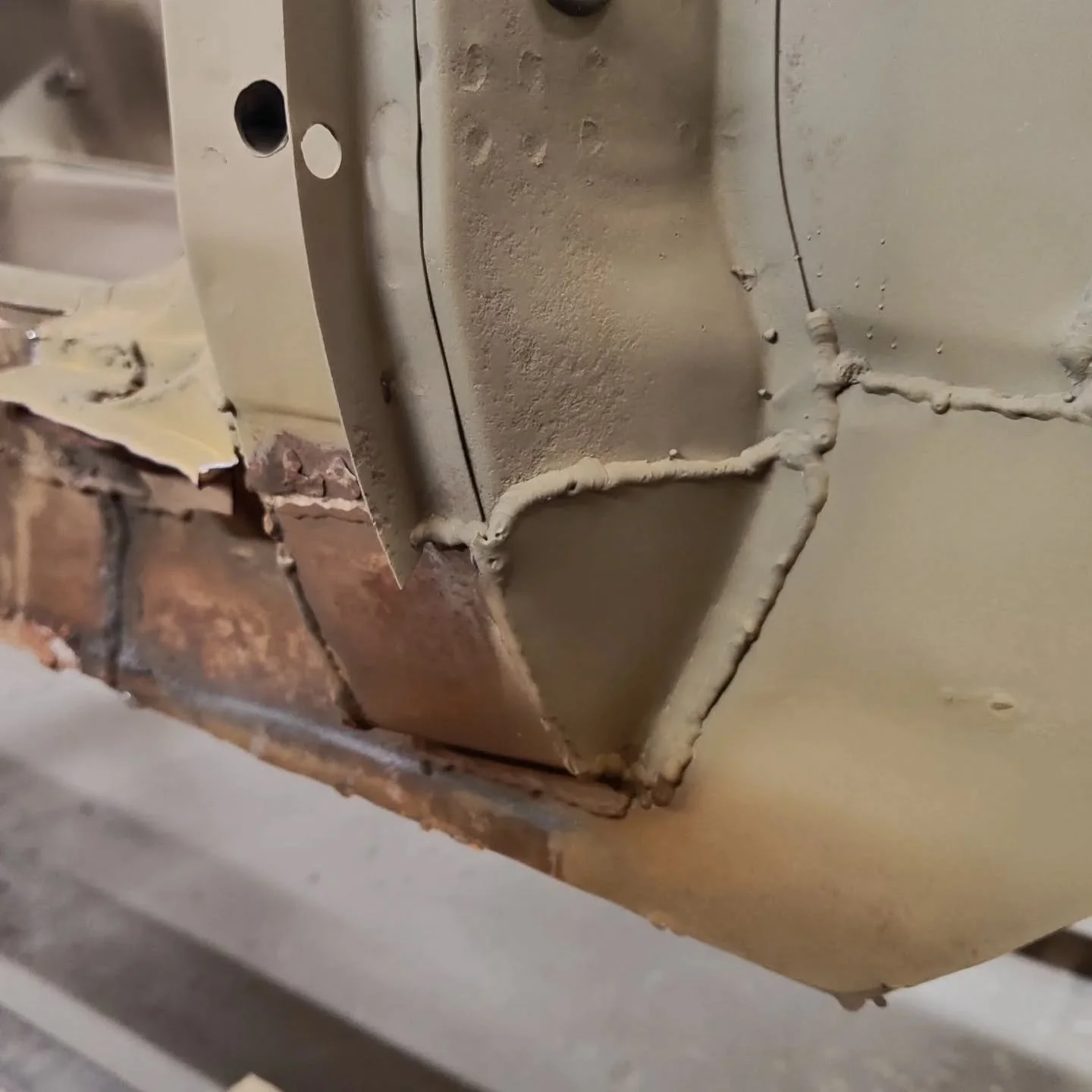 Black 1800S body repair is underway 
With all damage cut out from sills and floor there's not much left. Now it's time to rebuild. Completed the first sill
#volvop1800 #volvo1800es #1800es #1800s #1800e #oldvolvo #rustrepair #panelbeater #metalwork