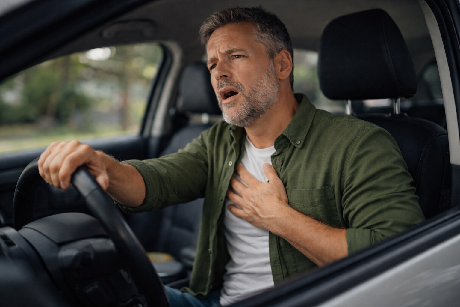 Man having a panic attack while driving