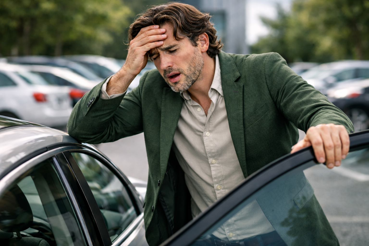 Man having a panic attack in the parking lot