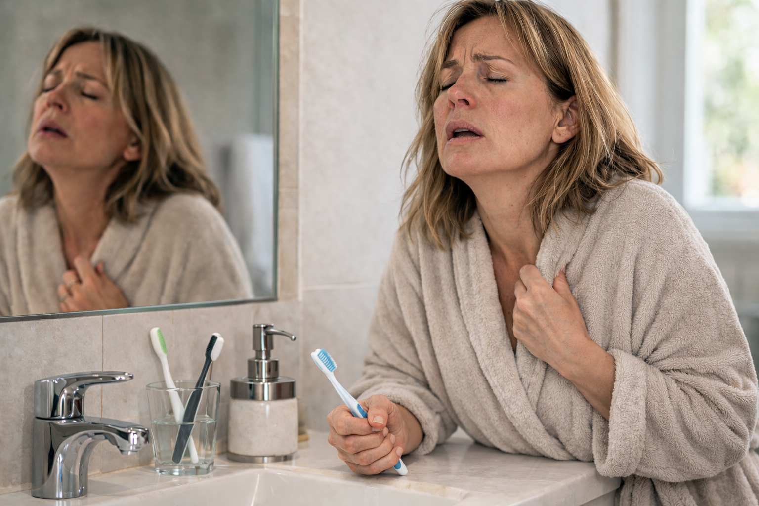 Woman having a panic attack in the bathroom