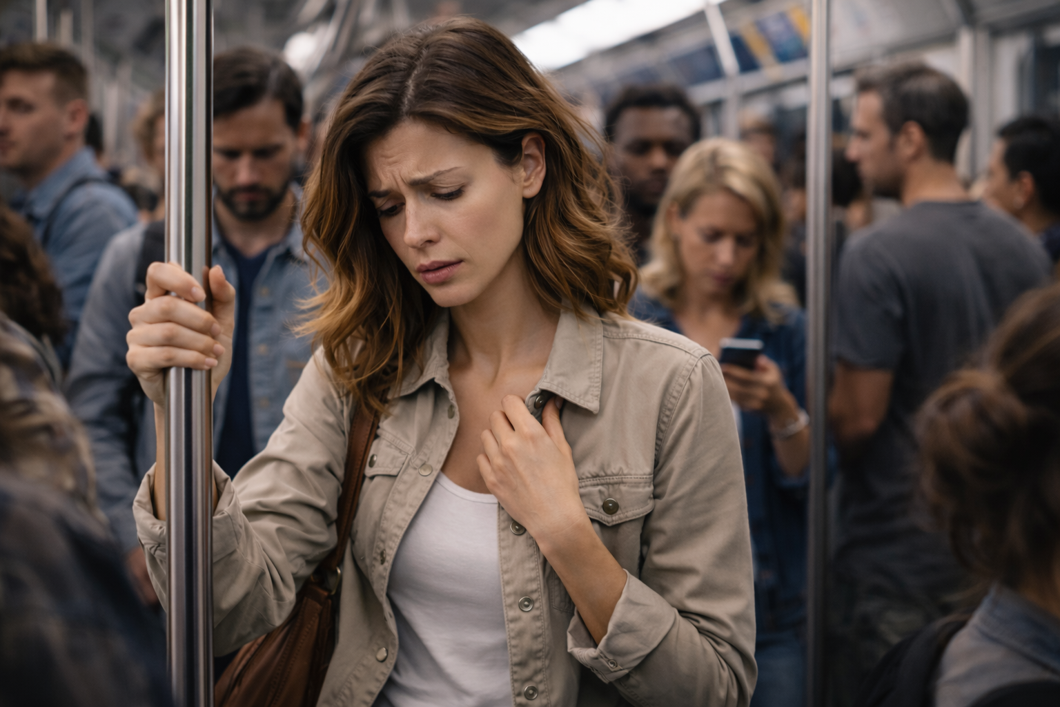 Stressed commuter in crowded subway
