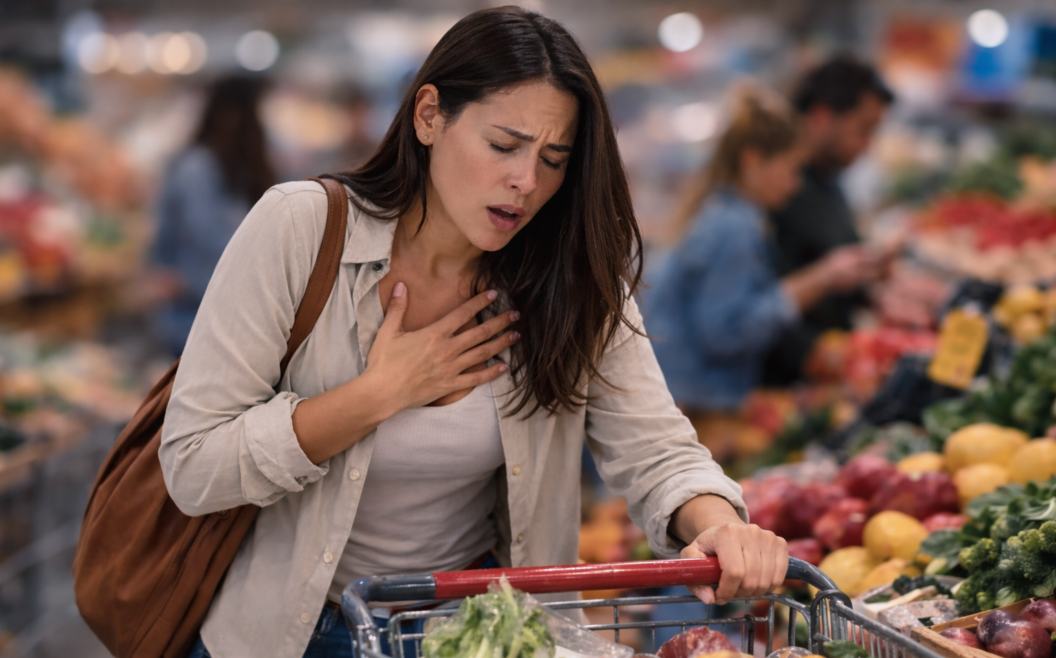 Woman having a panic attack in the grocery story