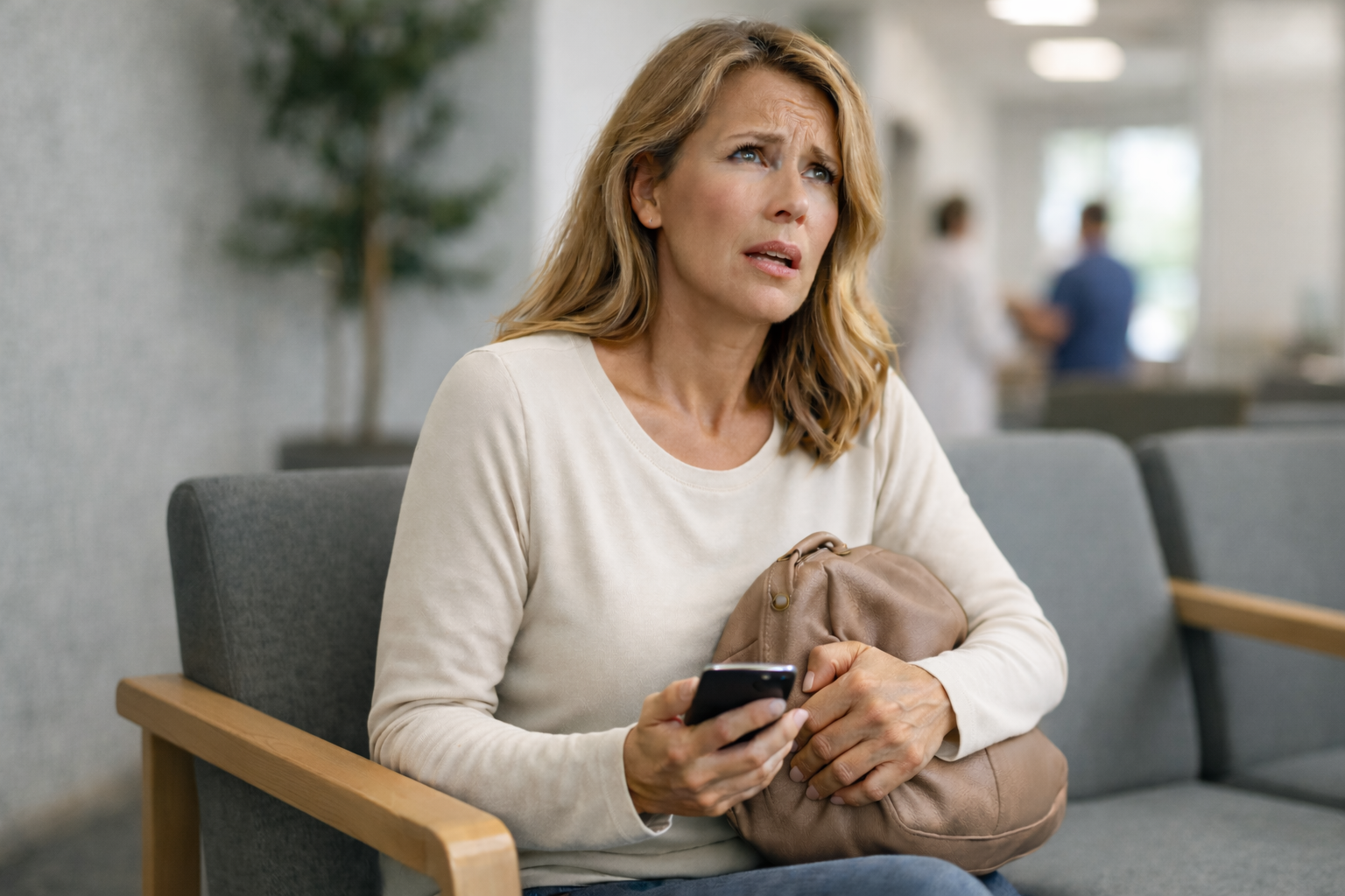Woman experiencing anxiety in waiting room