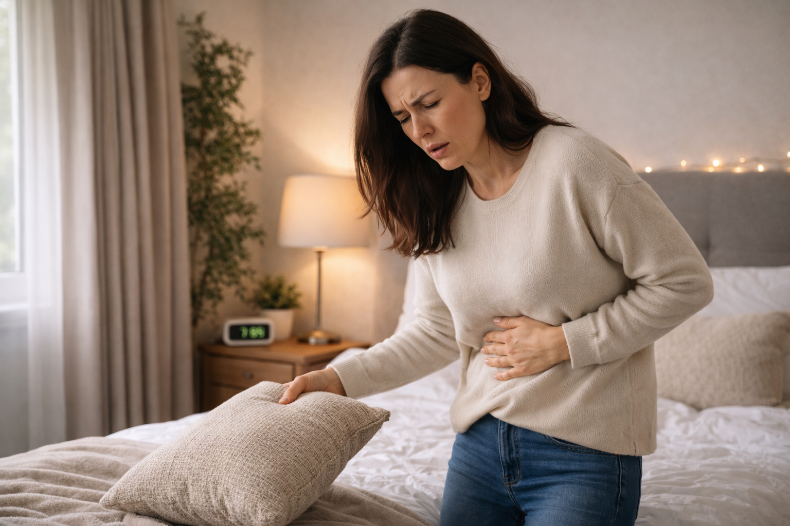 Woman experiencing a panic attack and nausea at home