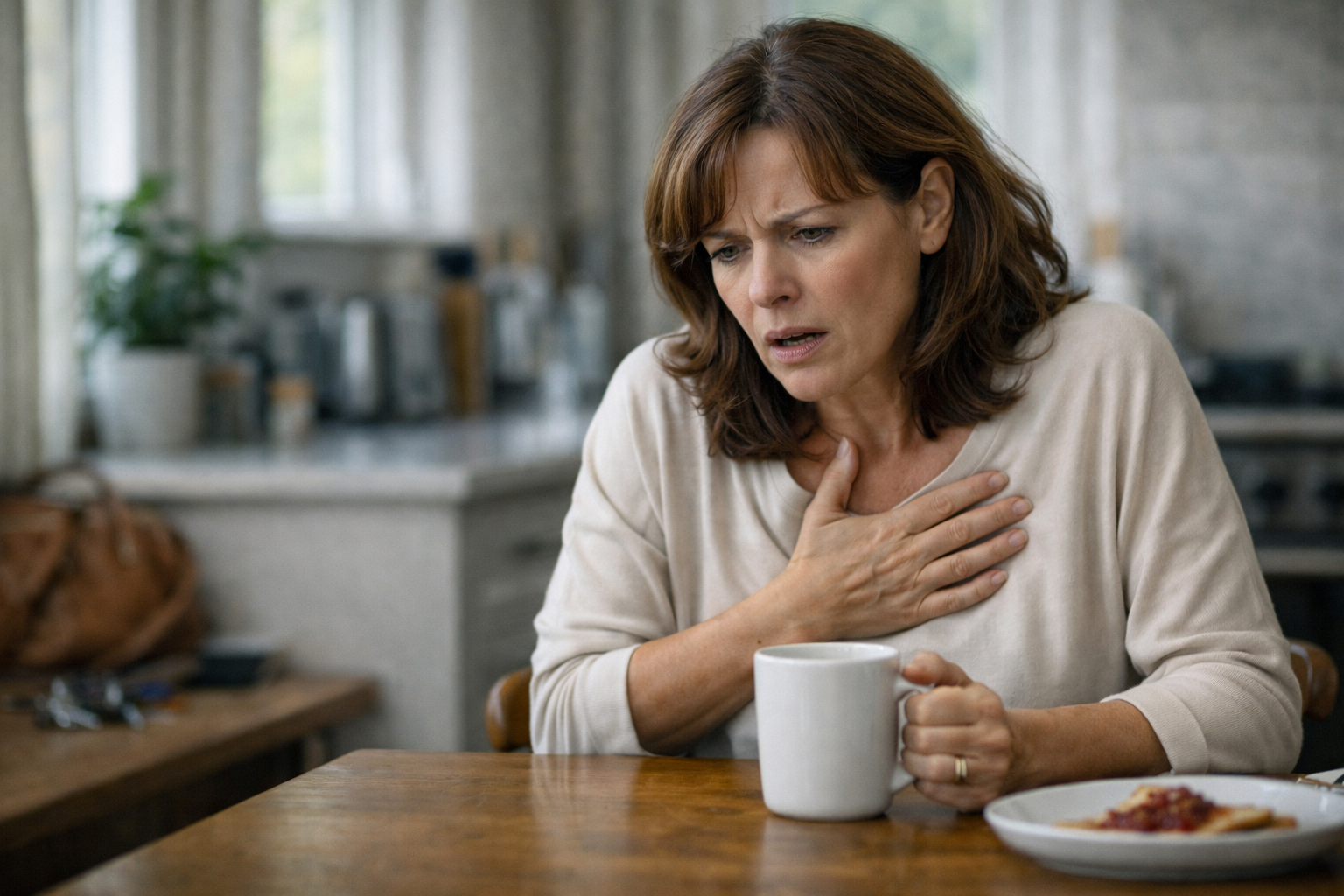 Woman distressed at the kitchen table