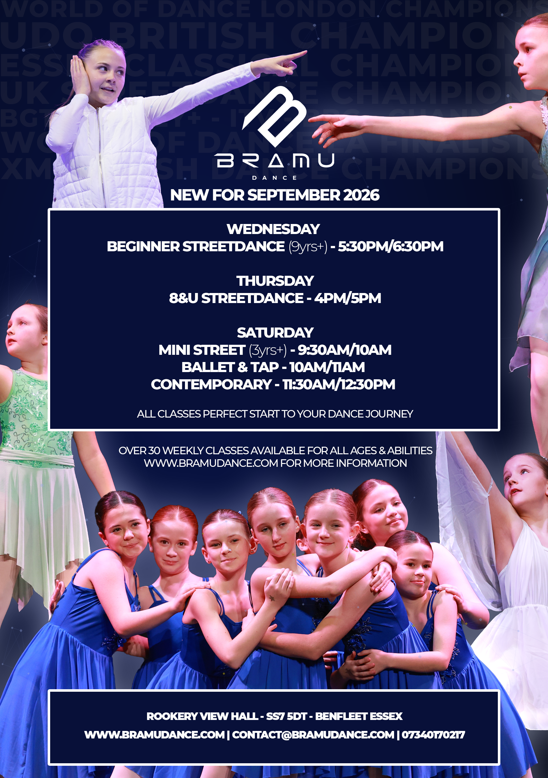 Group of young girls in blue dance costumes posing together at a dance event or recital.