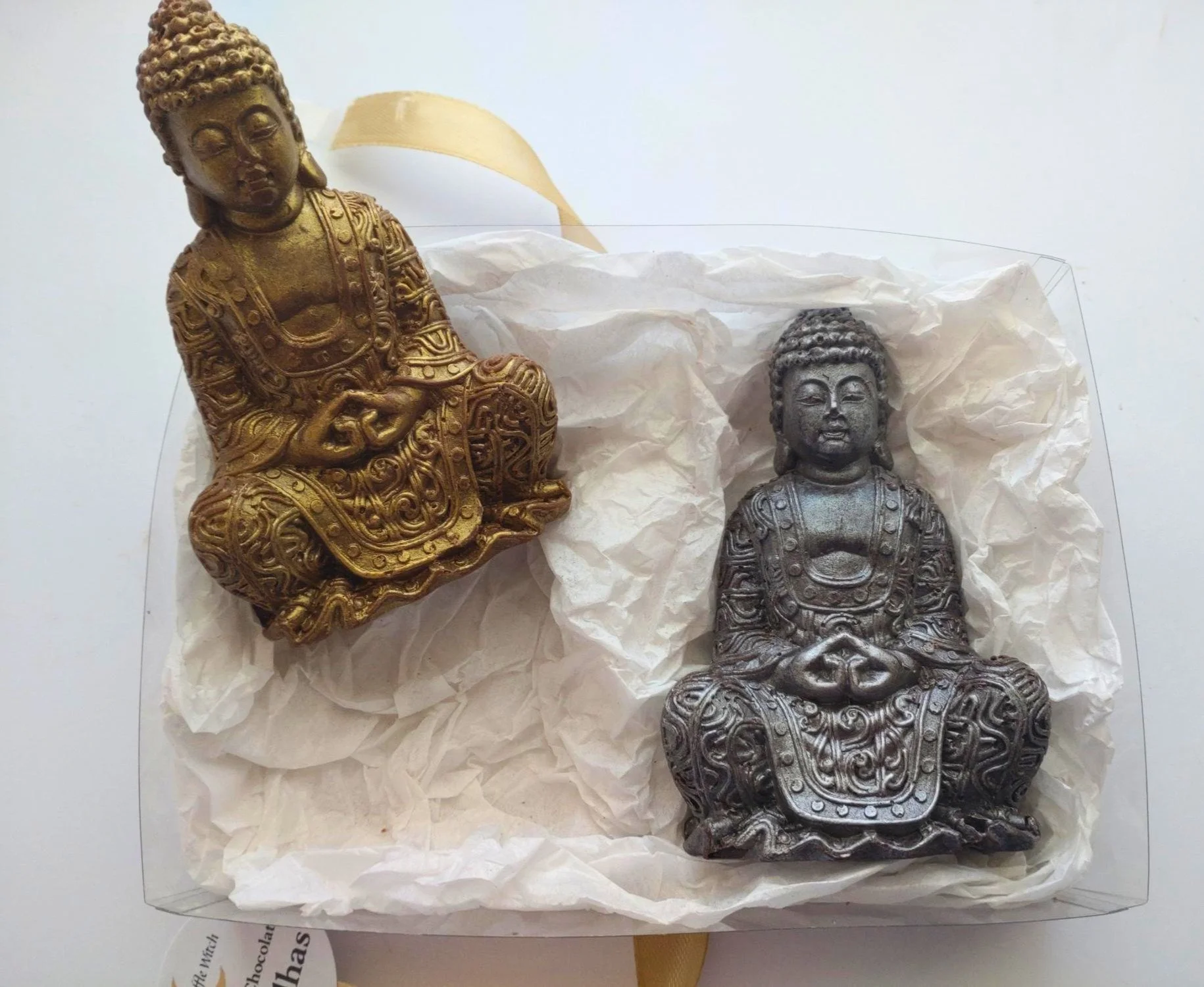 Double Buddha chocolate gift box with one milk and one dark chocolate Buddha