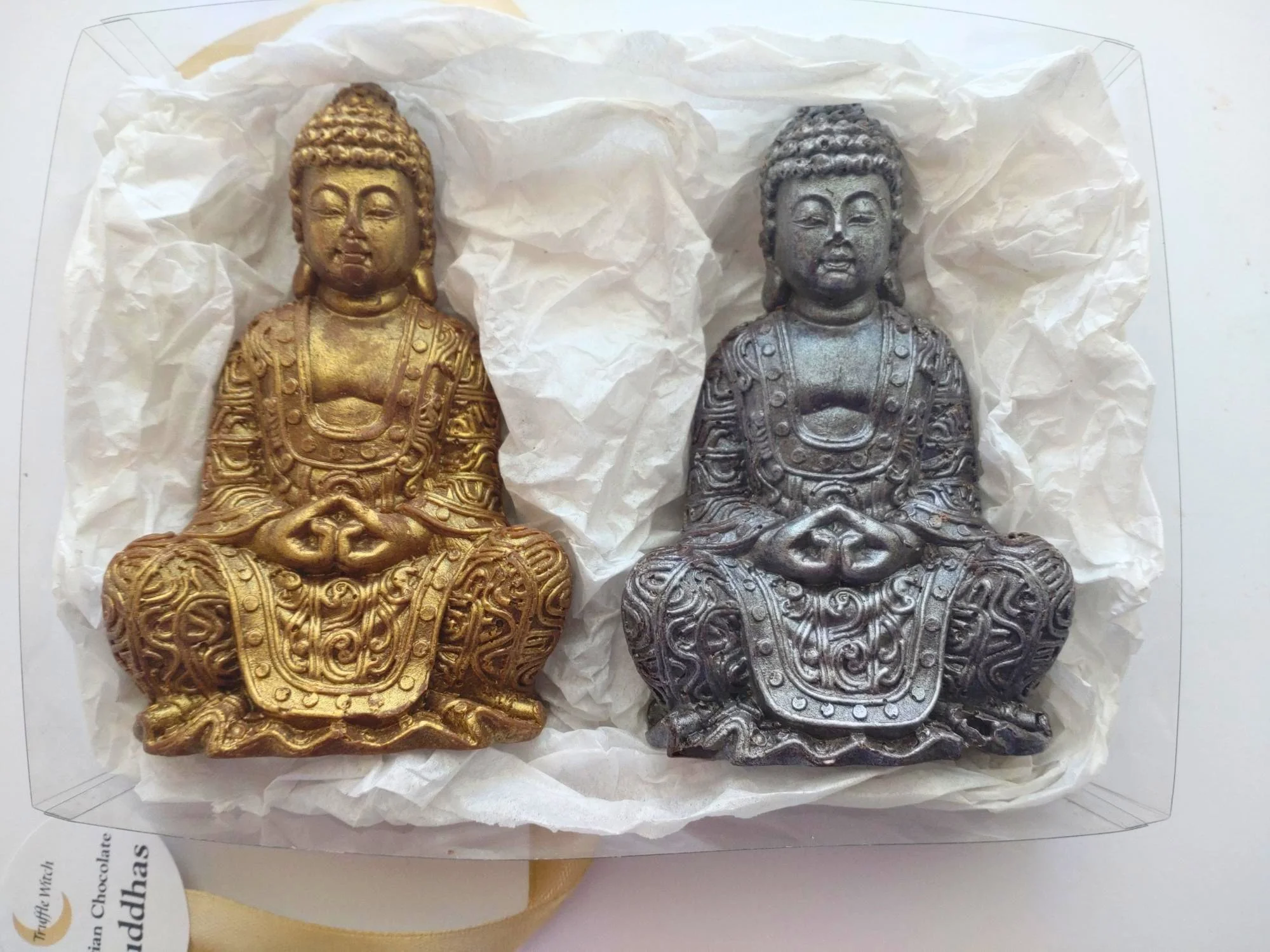 Double Buddha chocolate gift box with one milk and one dark chocolate Buddha