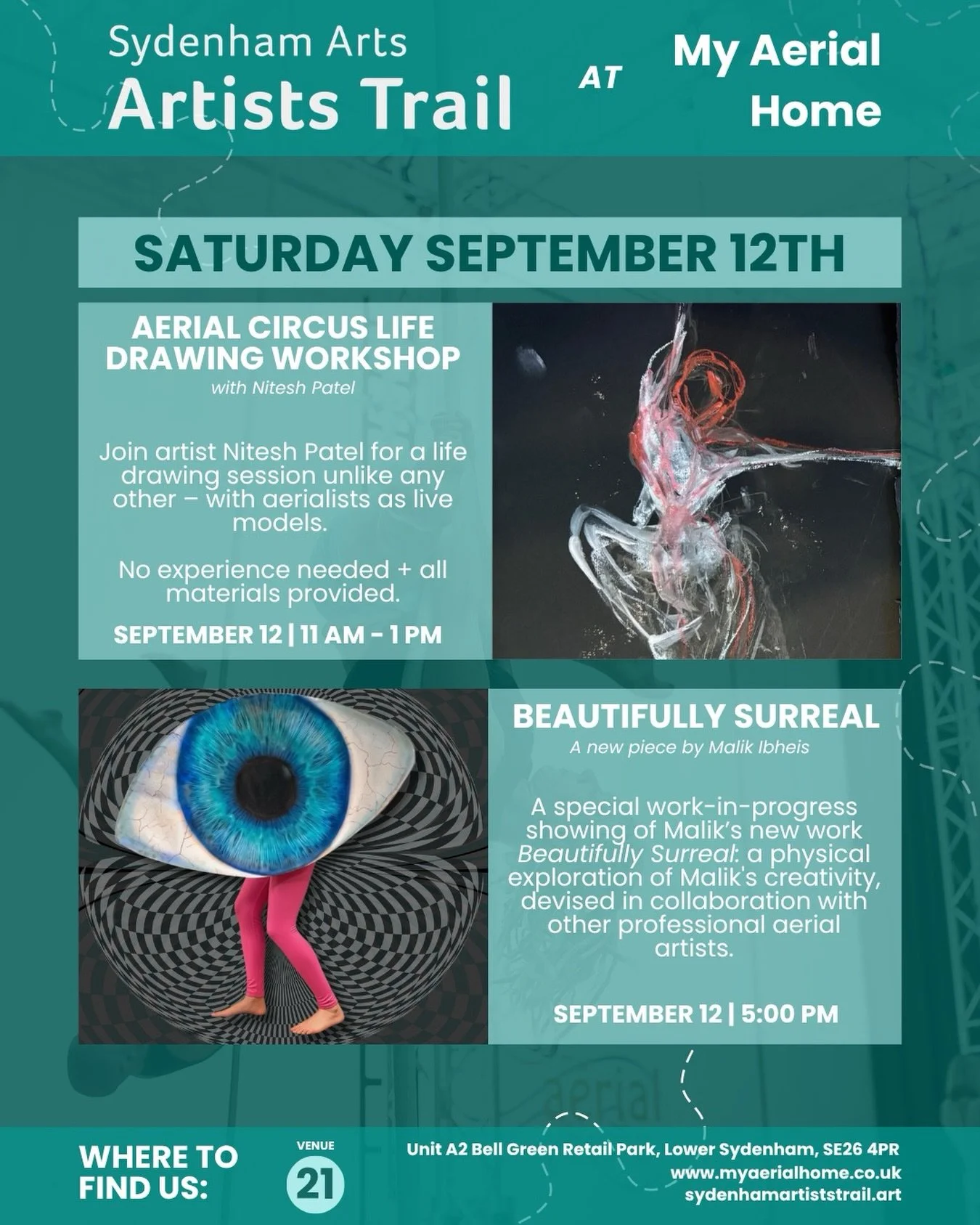 Coming up this Saturday: @sydenhamartiststrail x @myaerialhome 

This Saturday, September 12, we have TWO exciting events at My Aerial Home, hosted in collaboration with @sydenhamartiststrail .

🎨Aerial Circus Life Drawing Workshop with @roshn.art .