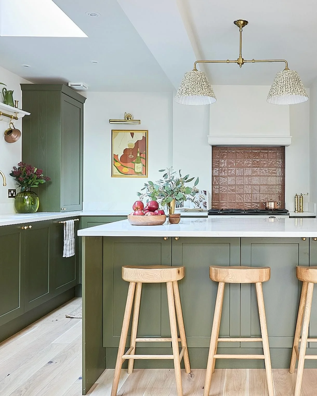 Another view of the bright and airy kitchen we designed for our recent Peckham project. 

Especially pleasing are the brass ceiling light from @sekelskifte which we customised with shades by @imogenpopelondon and the lovely textured tiles from @clayb