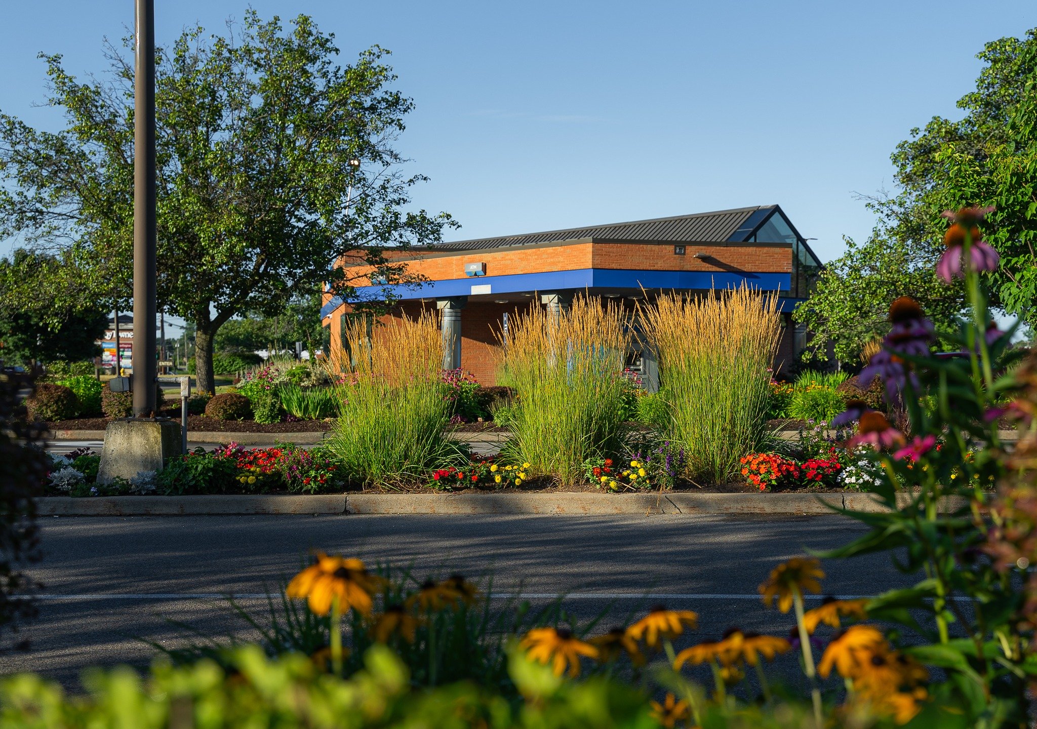 A small brick building with a blue trim and large glass window on the upper triangle roof, surrounded by colorful flowers and tall grasses, with trees and a clear blue sky in the background.
