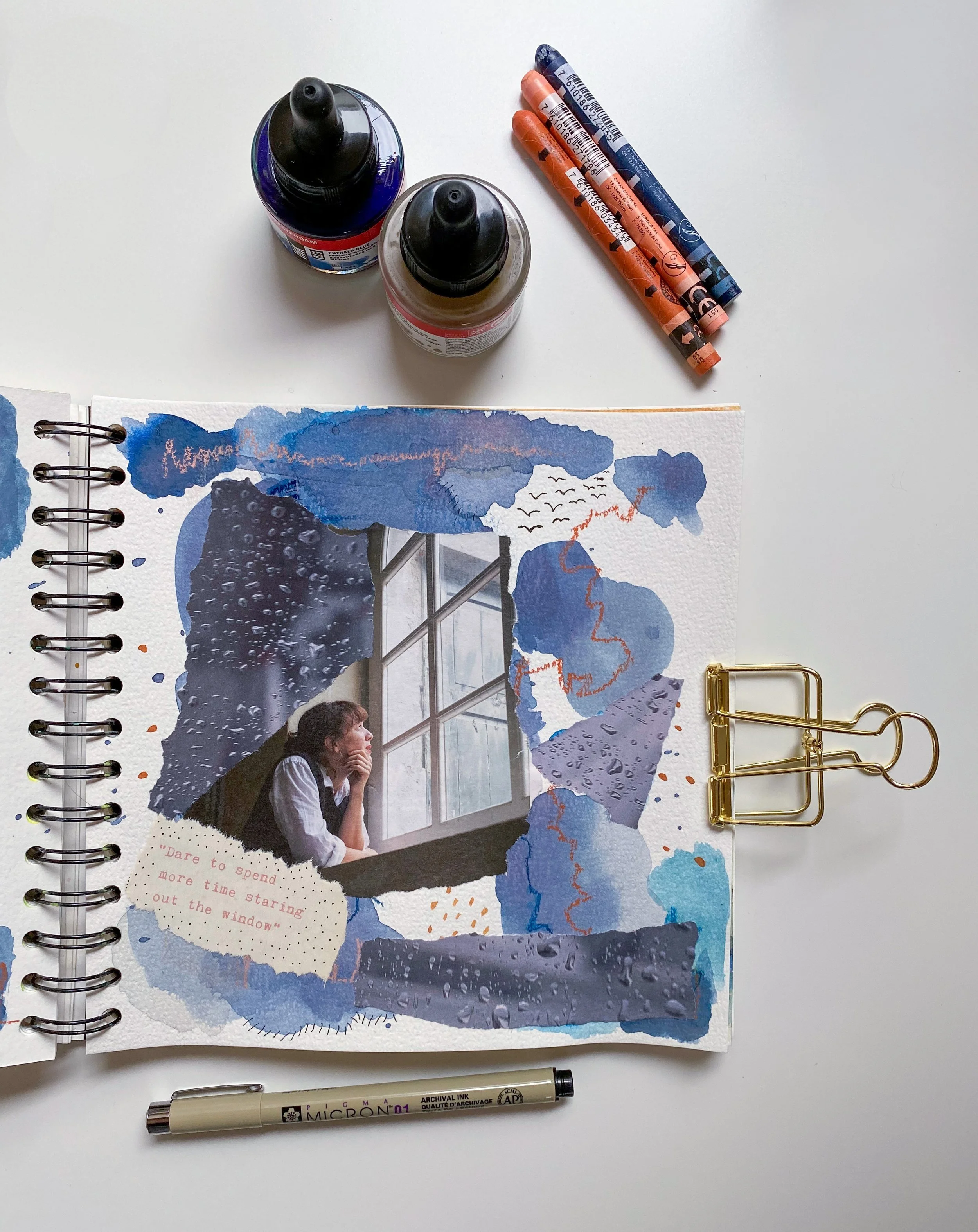 collage, woman staring out the window, mixed media, art journal