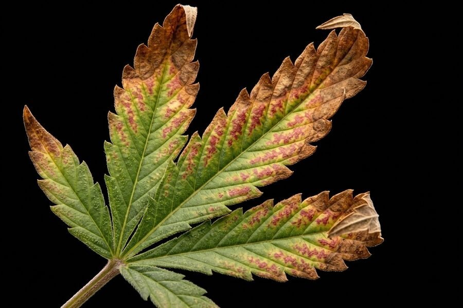 Close-up of a cannabis leaf curling upward and developing brown edges.