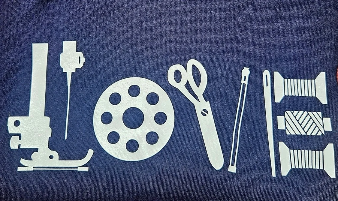 Navy quilter gift tee shirt — LOVE sewing notions design Homespun Quilts Astoria OR