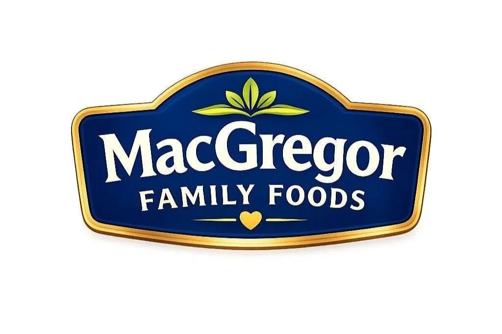 MacGregor Family Foods logo with blue background, green leaves, and a yellow heart at the bottom.