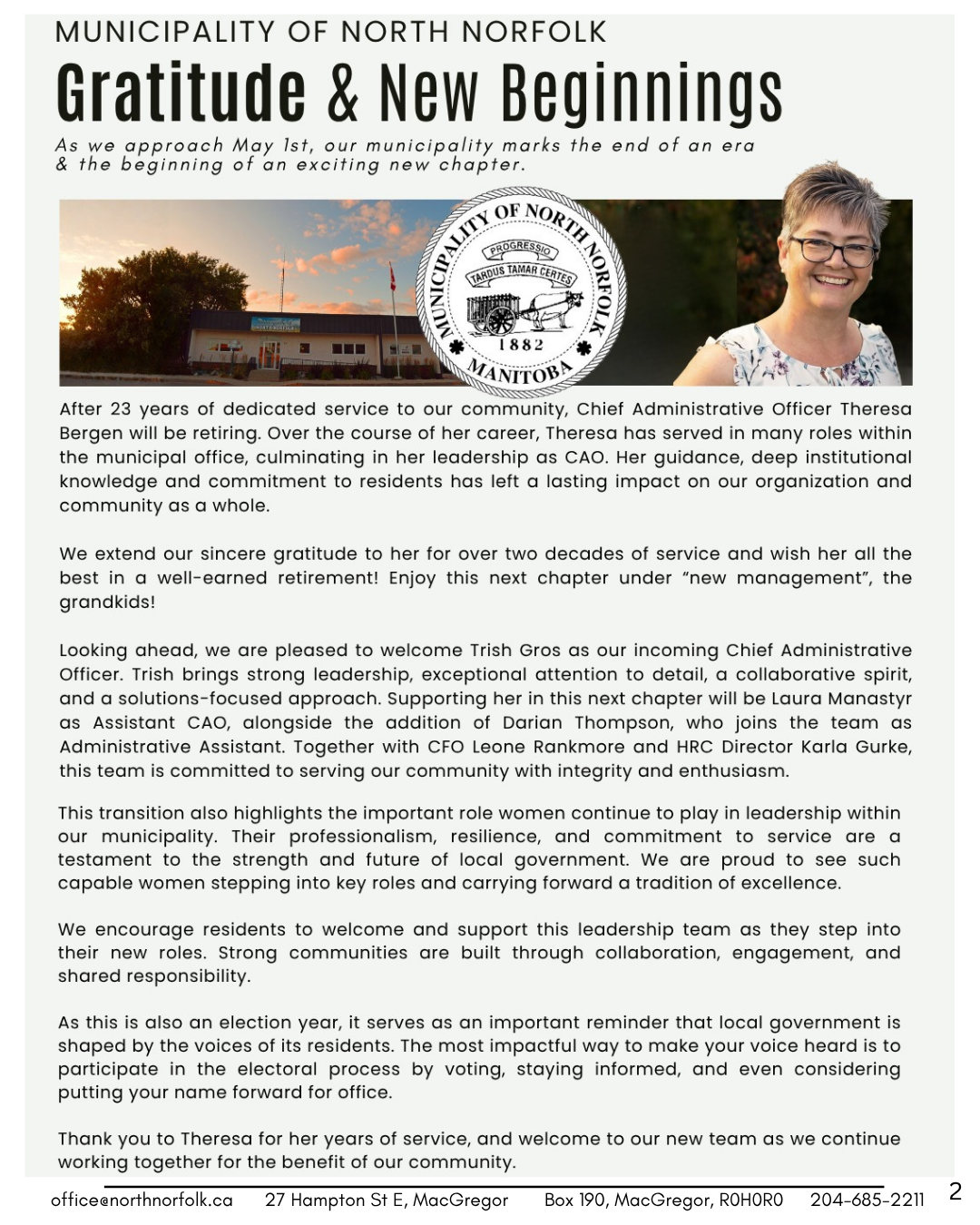 A community newsletter celebrating North Norfolk's leadership transition, featuring a photo of Theresa Bergen, the outgoing Chief Administrative Officer, a new photo of incoming Chief Administrative Officer Trish Gros, and the municipal seal of North