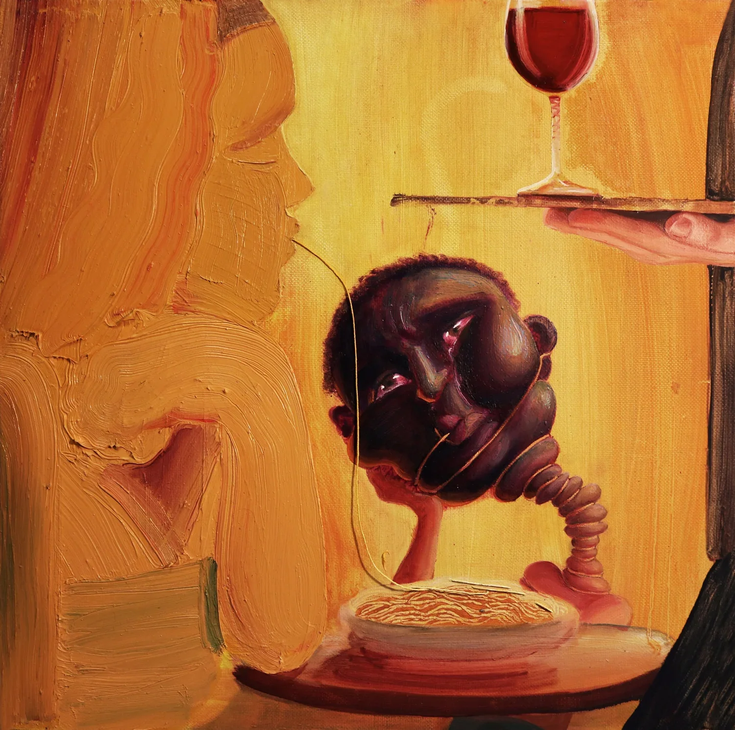 Daniel B Dias
Fine Dining (Yellow)
2021
Oil, acrylic, and canvas thread on canvas
20 x 20 inches