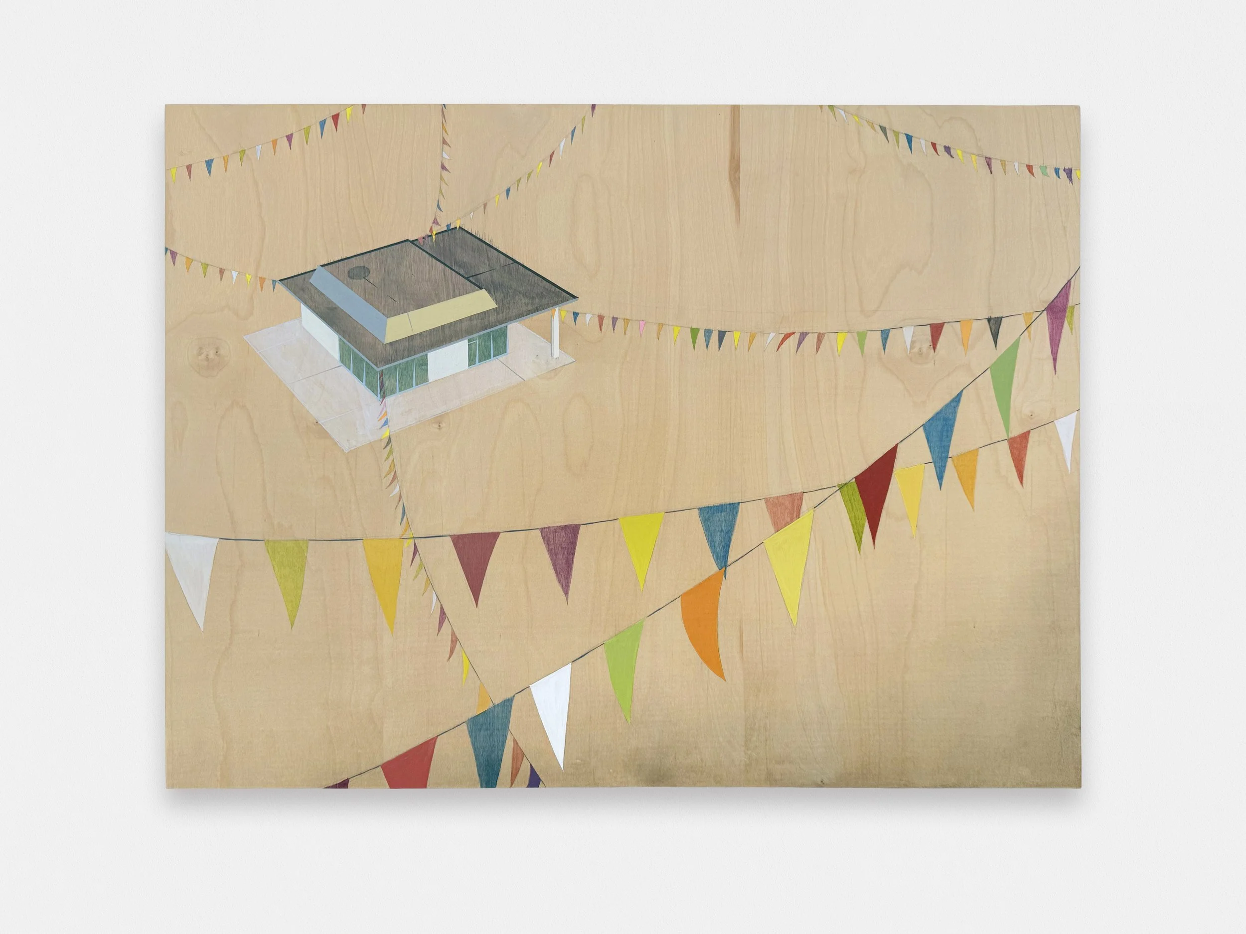 Building with Flags, acrylic on panel, 24 x 36 inches