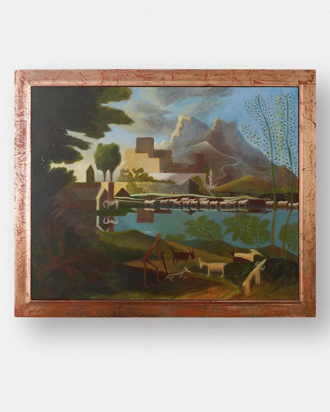 DAMIEN H. DING
Landscape with a Calm (Poussin), 2025-2026
Egg tempera on linen laid on panel, gilded frame
28.125 x 34.25 inches framed